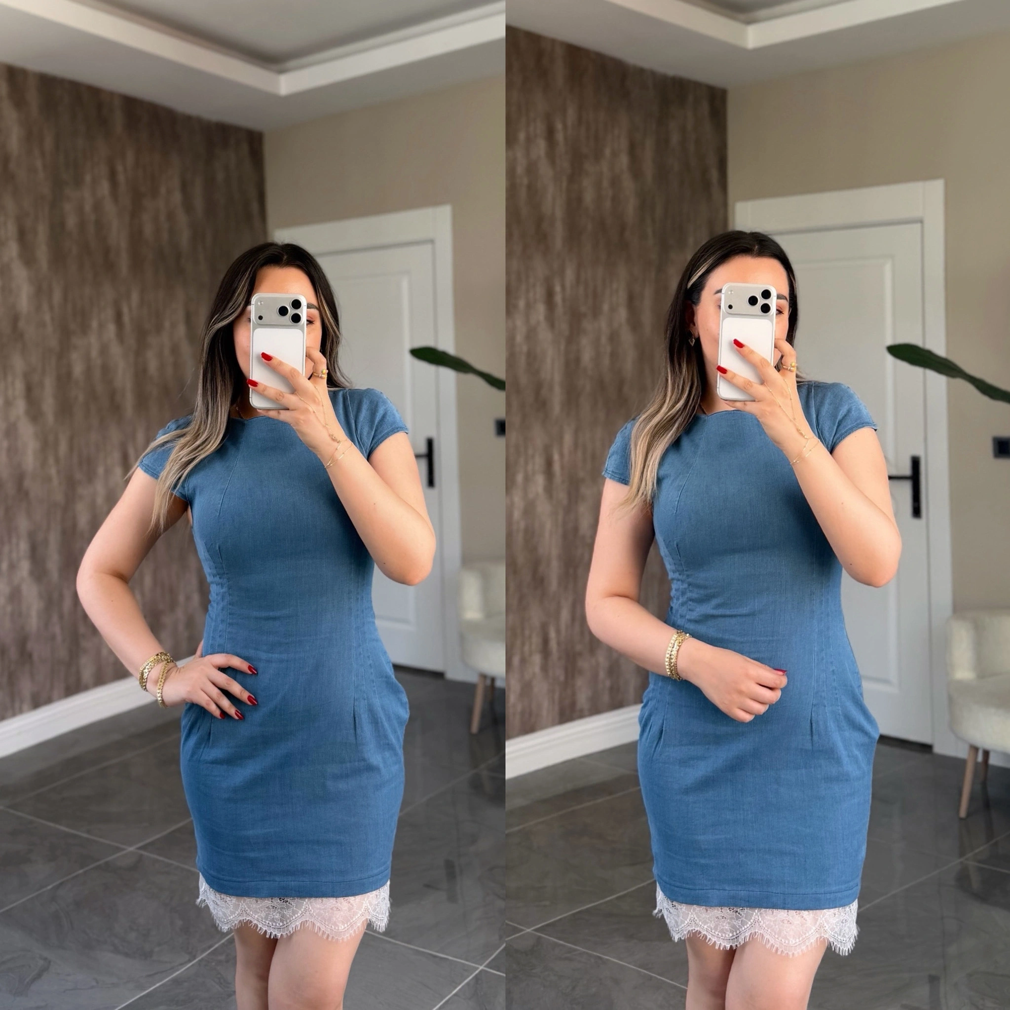 Dantel Detaylı Denim Elbise