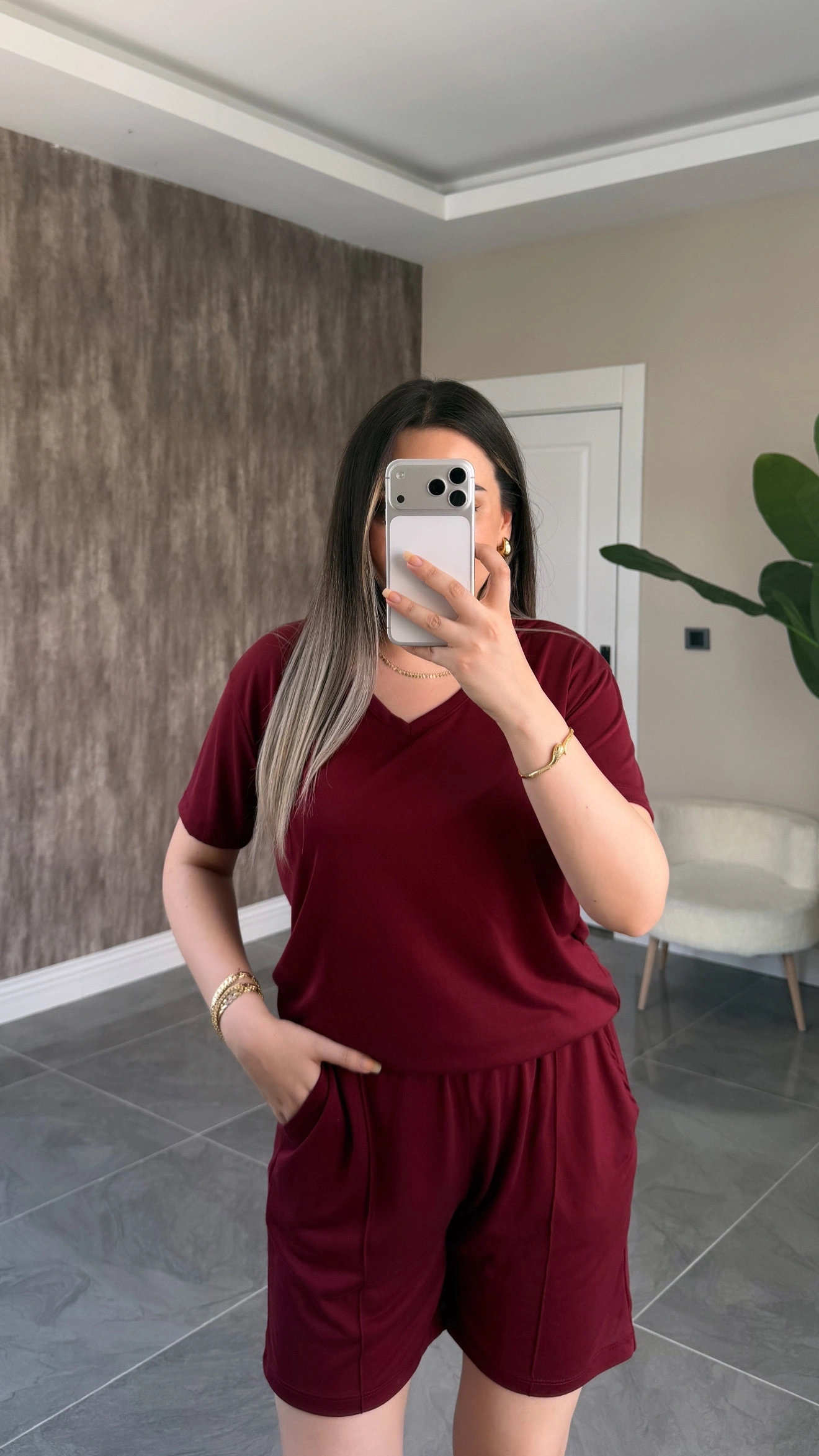 Oysh Tshirtlü Modal Takım Bordo