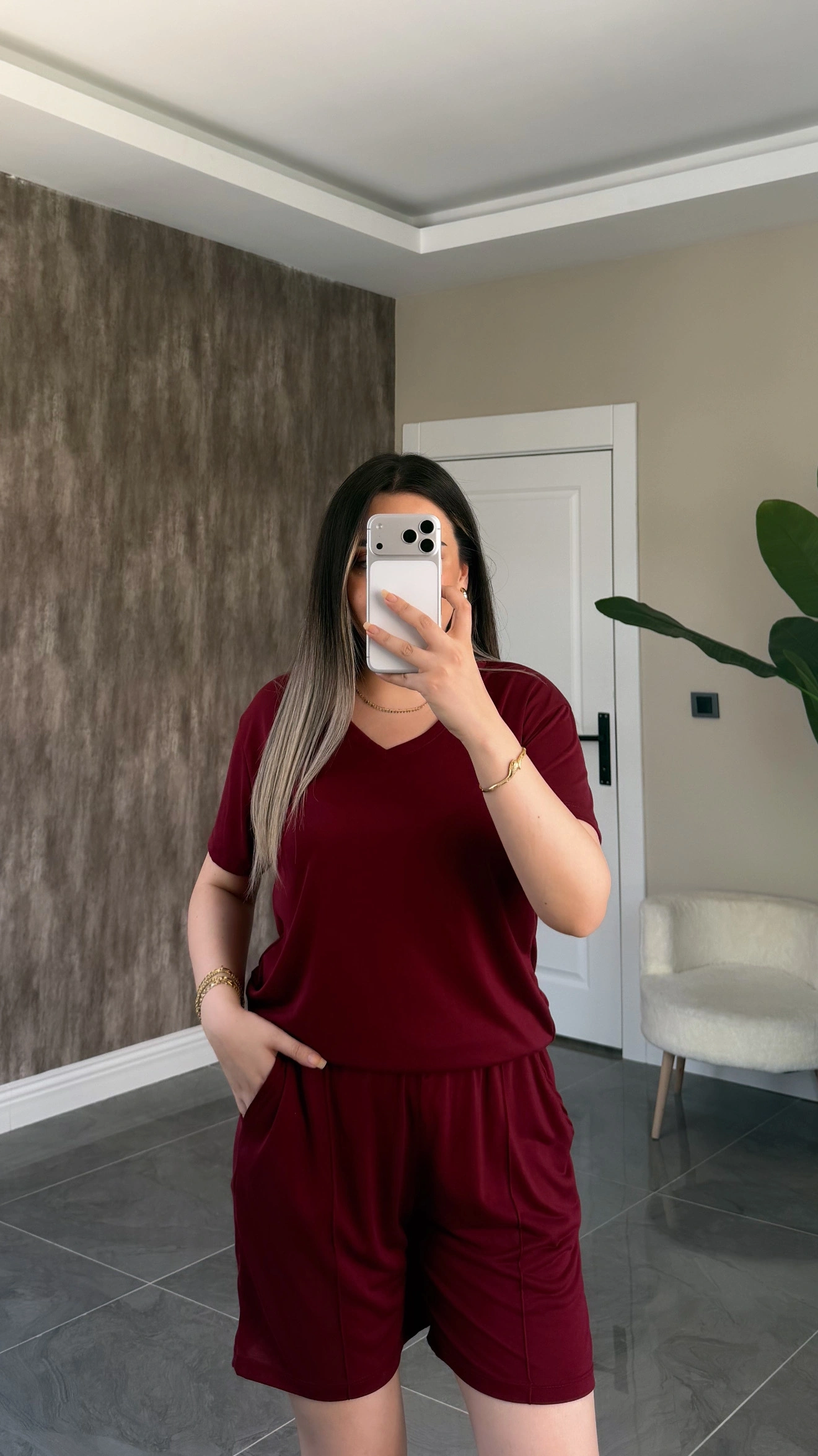 Oysh Tshirtlü Modal Takım Bordo