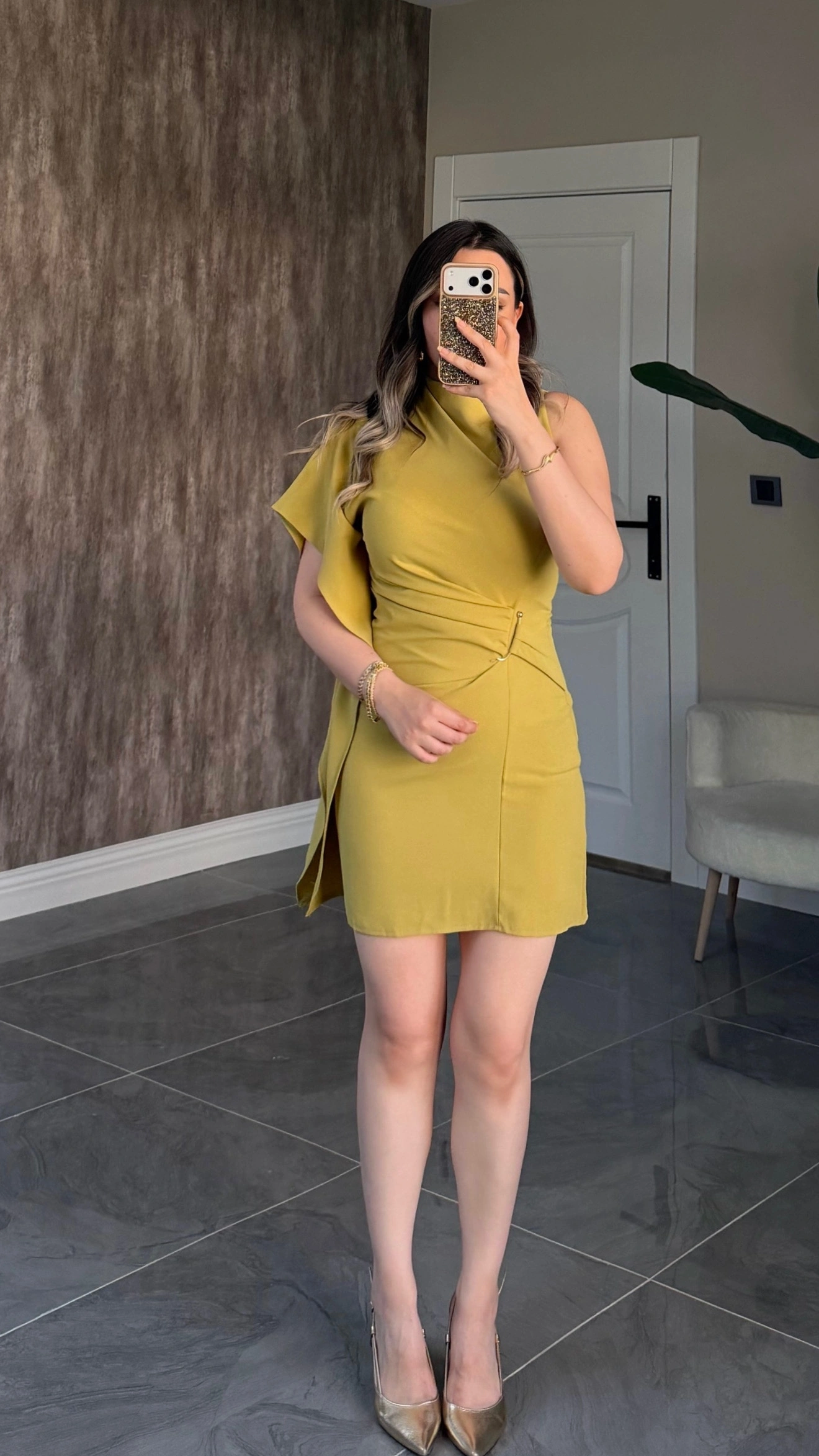 Yeşil Tek Omuz Mini Elbise