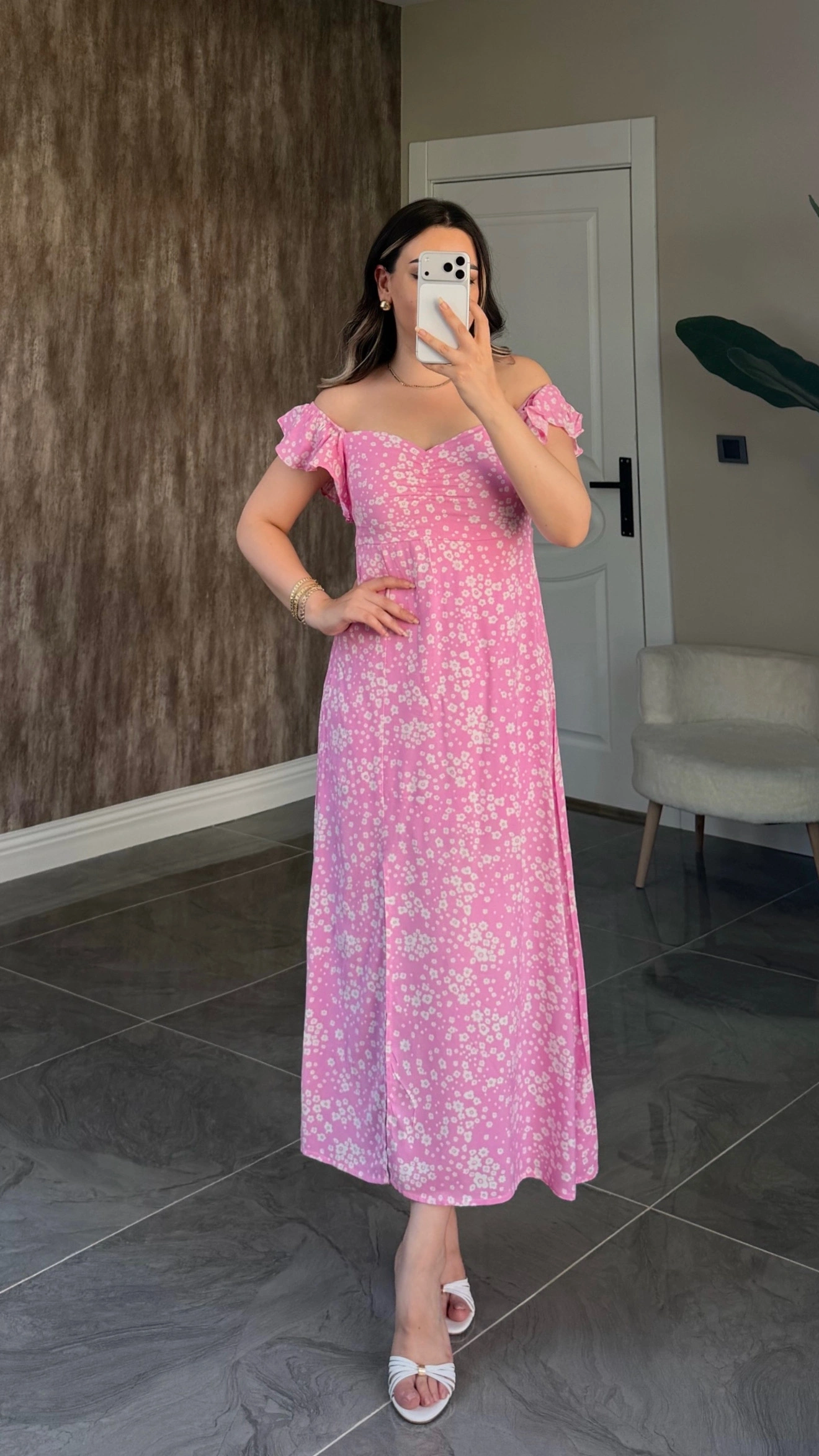 Çıtır Desenli Pembe Elbise