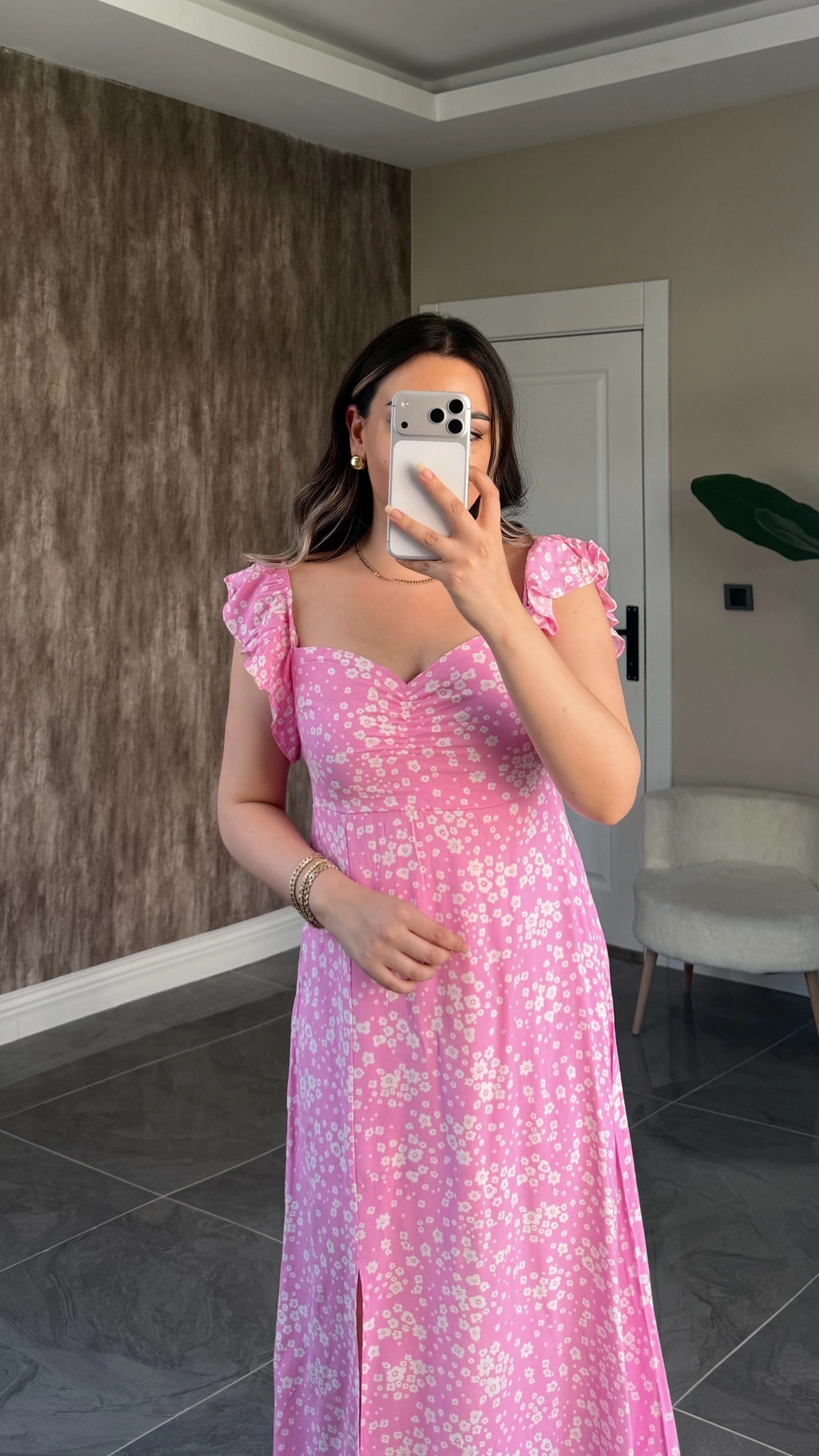 Çıtır Desenli Pembe Elbise