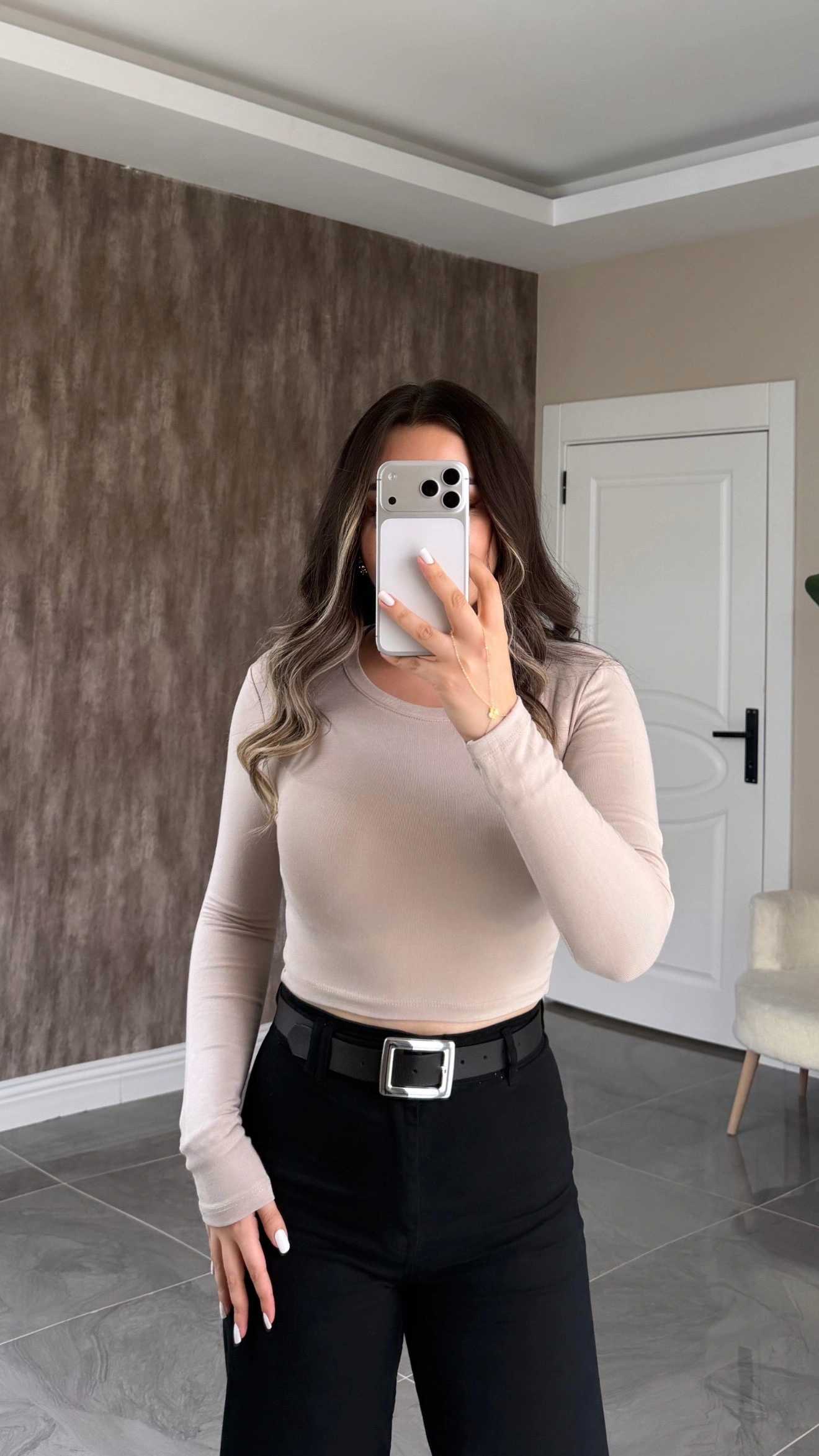Taş Rengi Oysh Parmak Geçmeli Crop Body