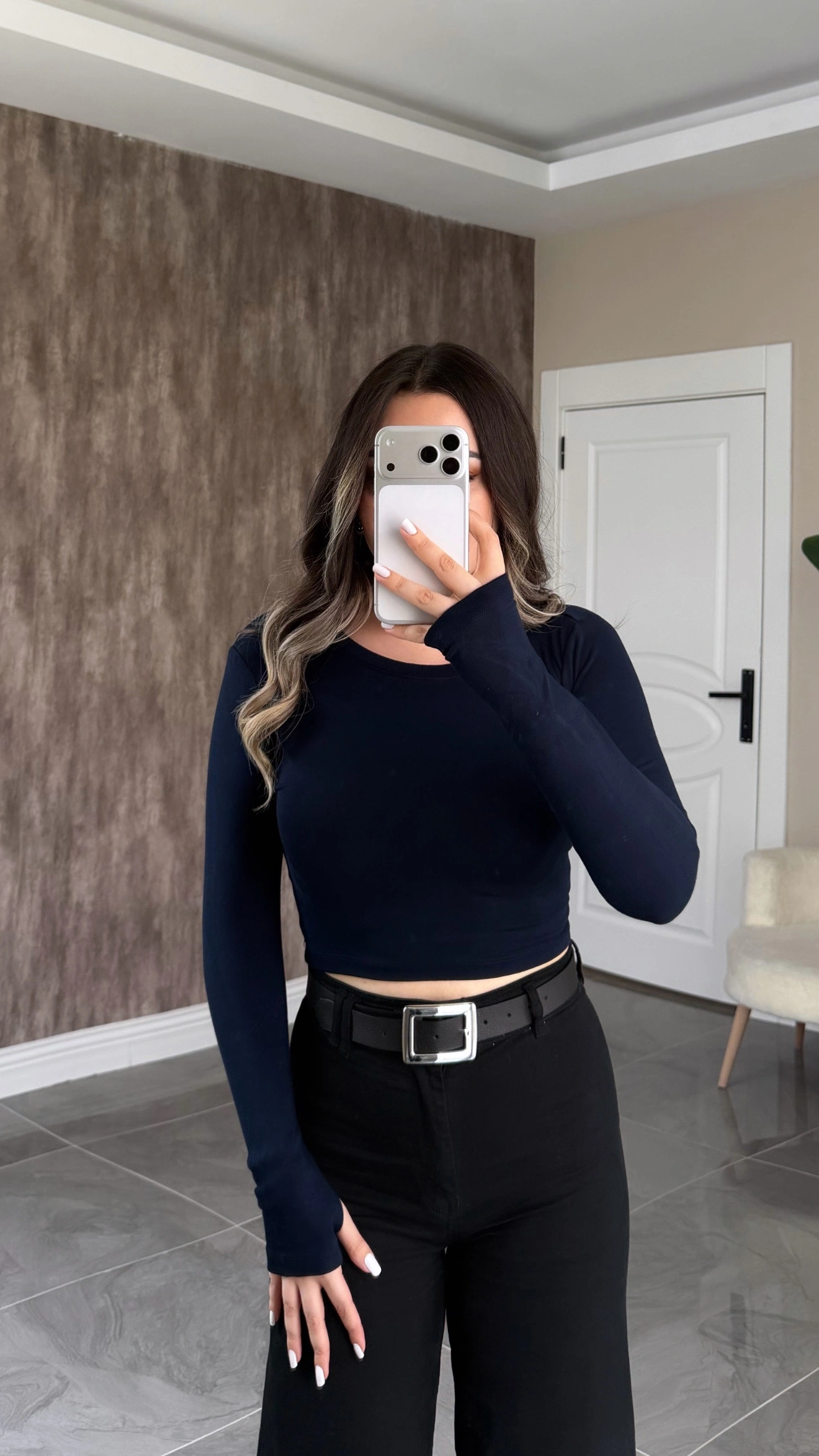Lacivert Oysh Parmak Geçmeli Crop Body