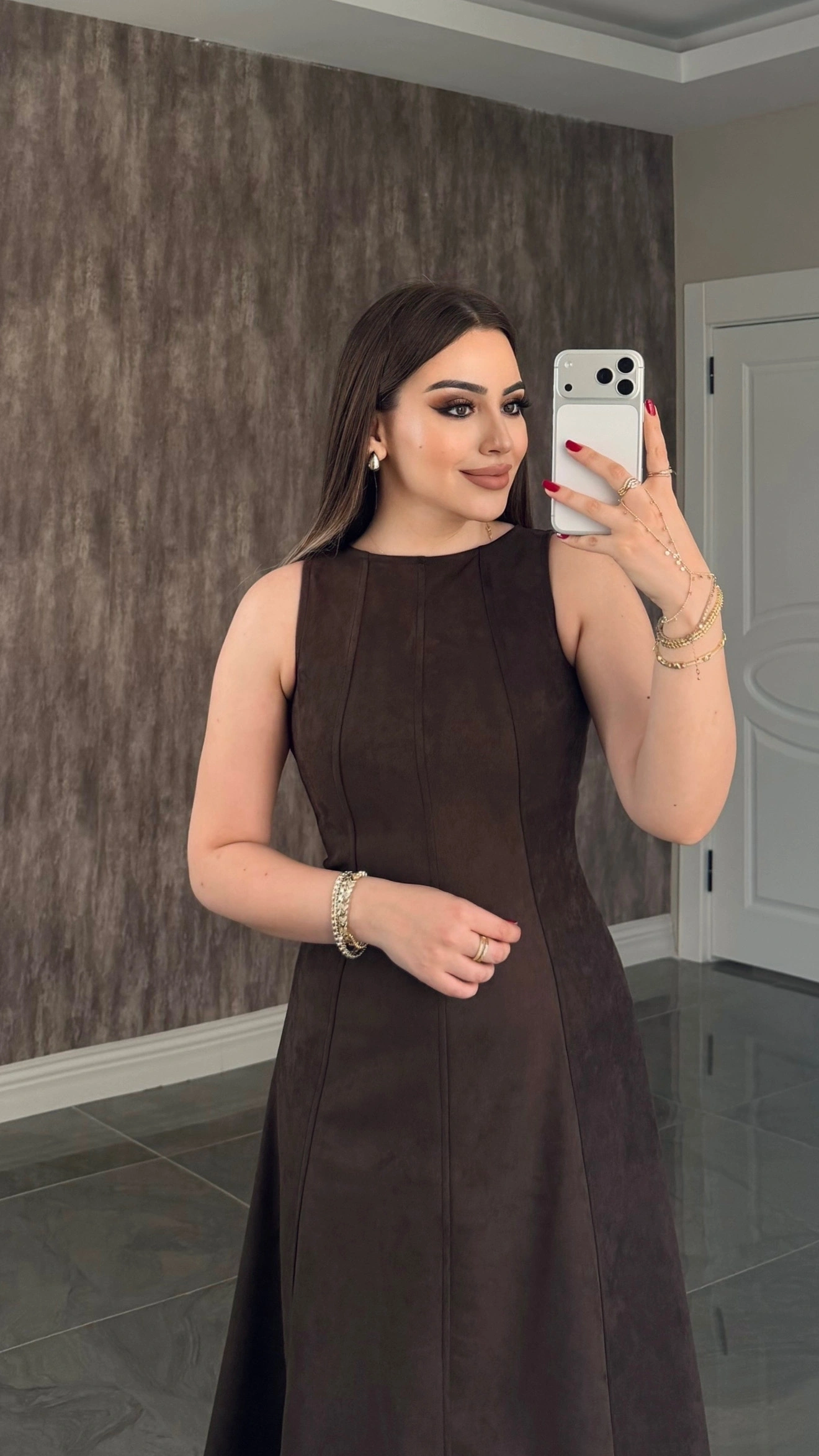 Acı Kahve Likralı Kadife Elbise