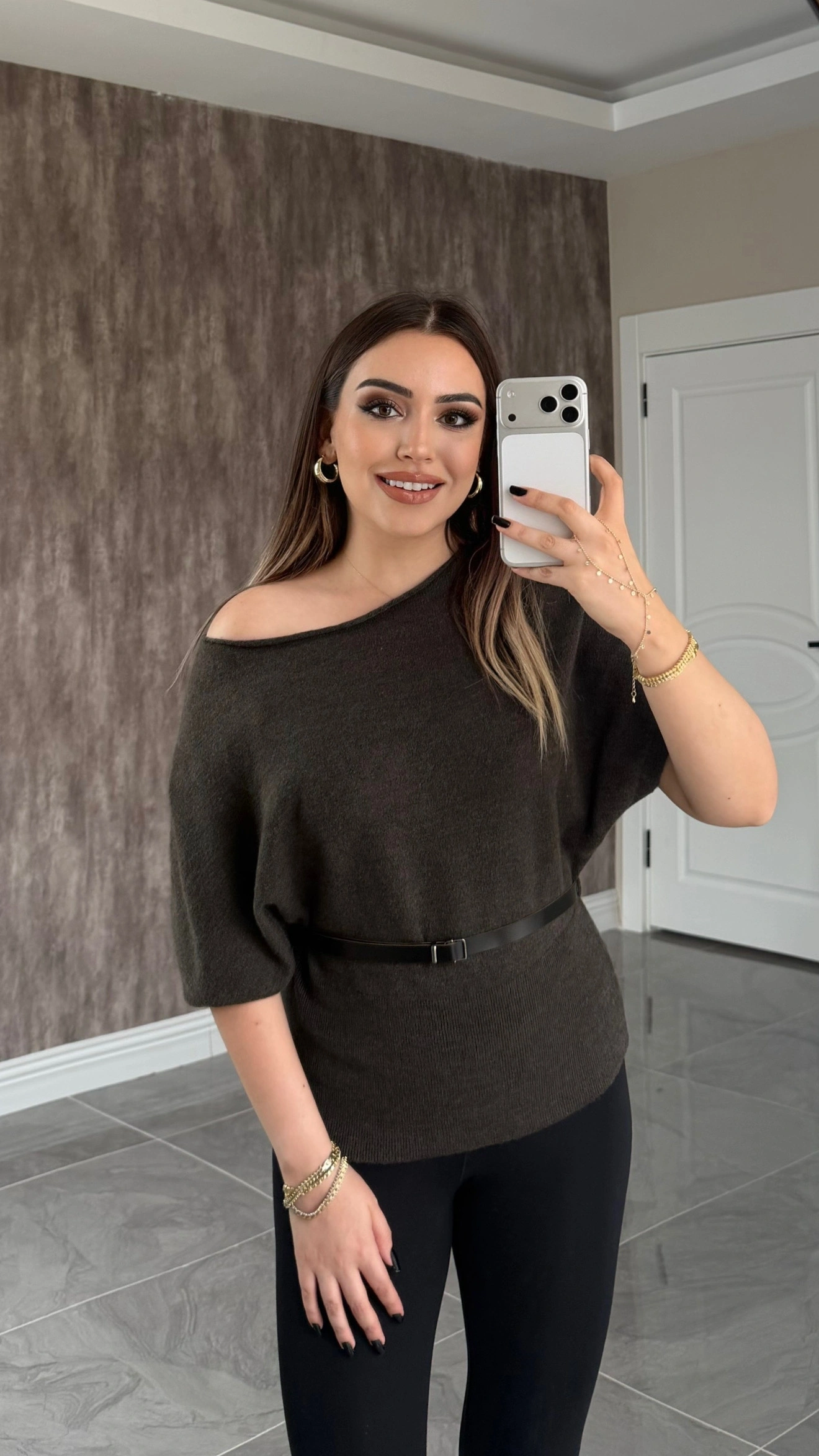 Kemerli Acı Kahve Yarasa Kol Triko