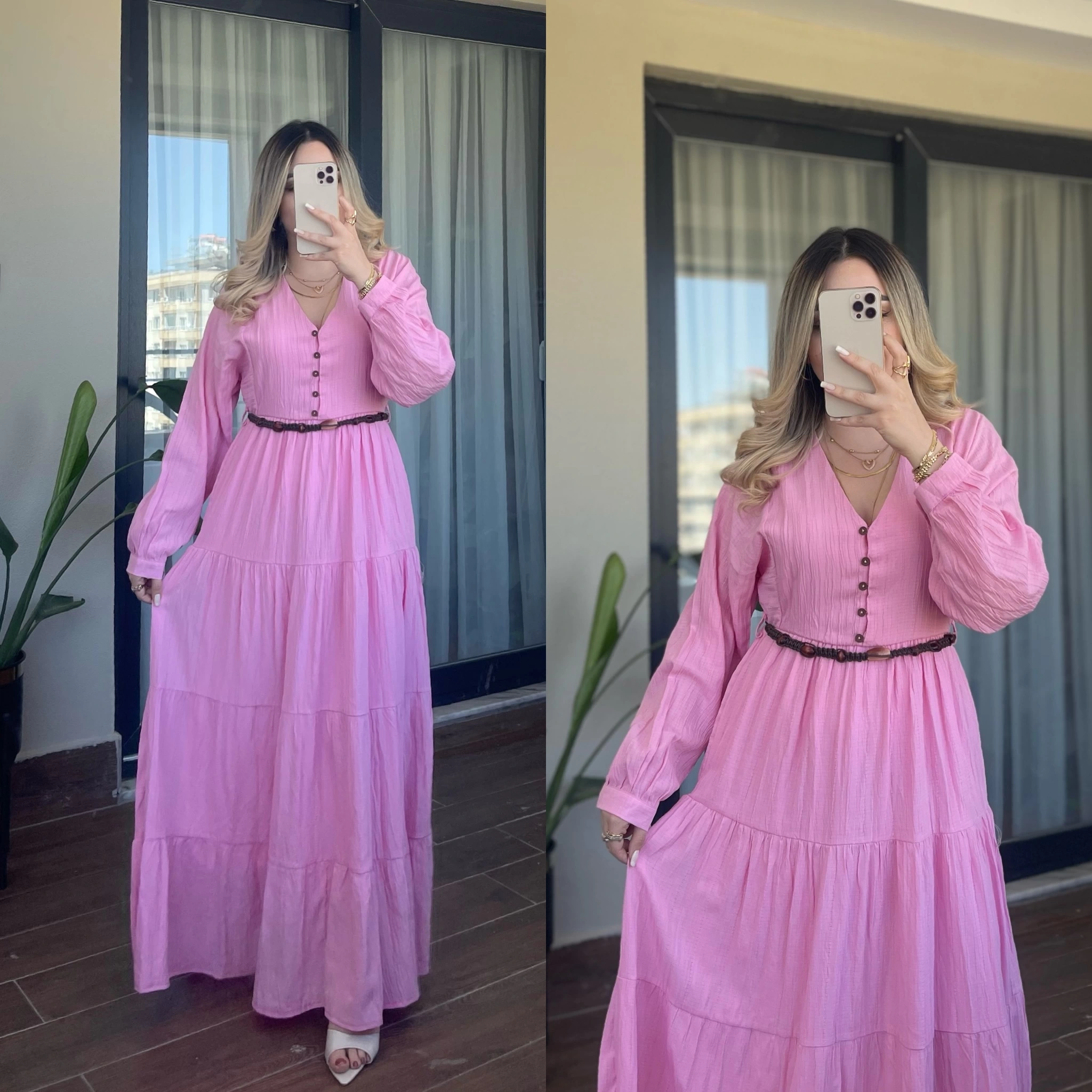 Pembe Maxi Boy Müslin Elbise