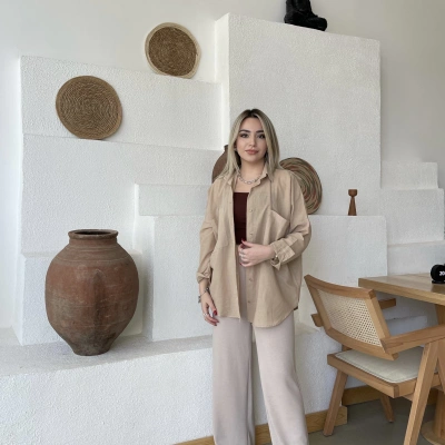 Oysh Modal Kumaş Bej Ekstra Yüksek Bel Pantolon