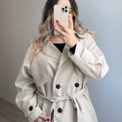 Premium Kalite Taş Rengi Ara Boy Trenç