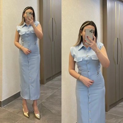 Kemer Aksesuar Detaylı Bebe Mavisi Slim Elbise