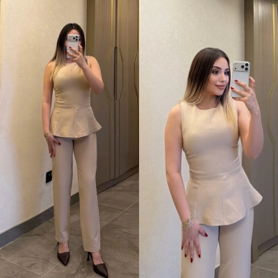 Bej Bluz Pantolon Takım