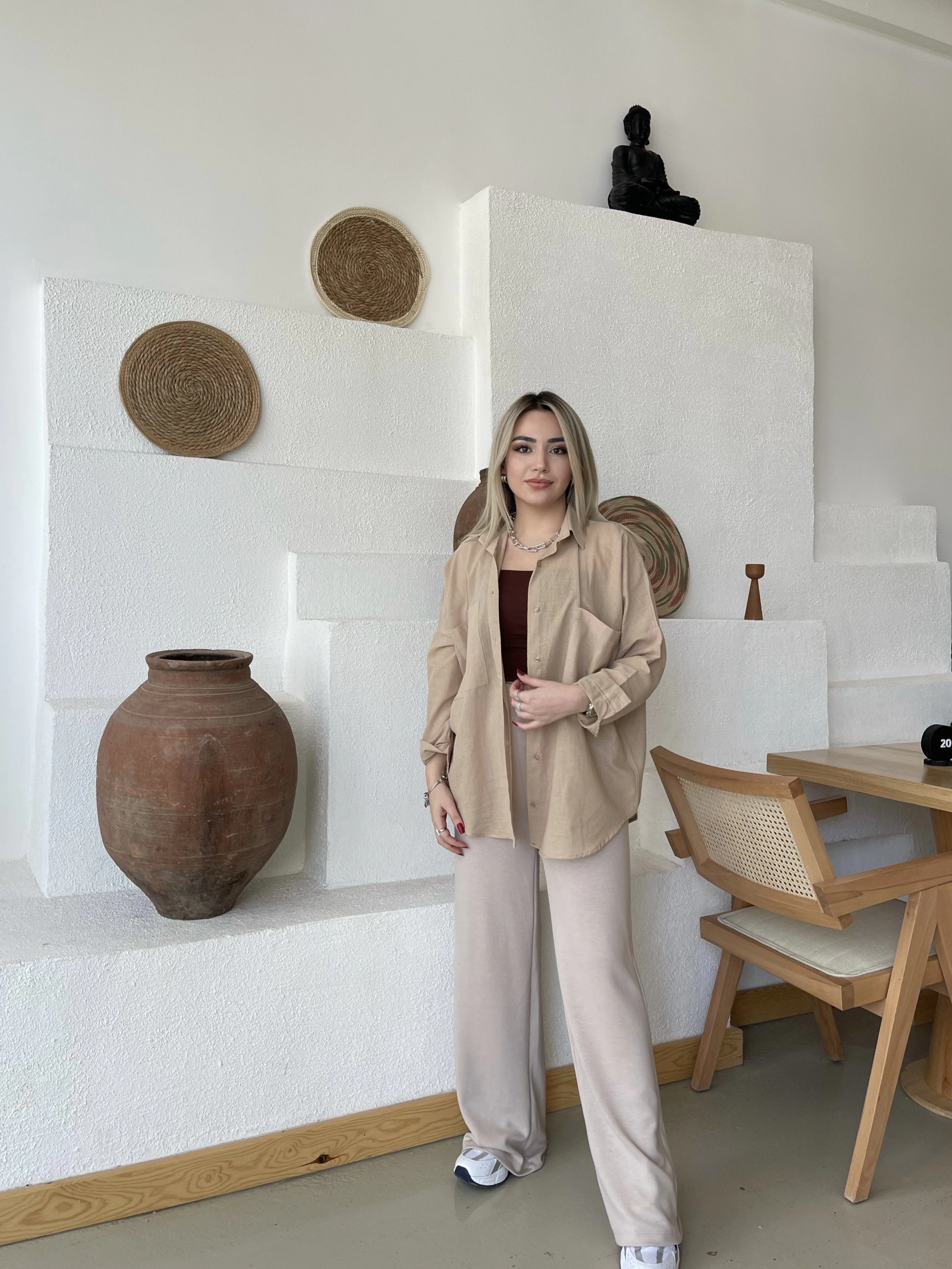 Oysh Modal Kumaş Bej Ekstra Yüksek Bel Pantolon