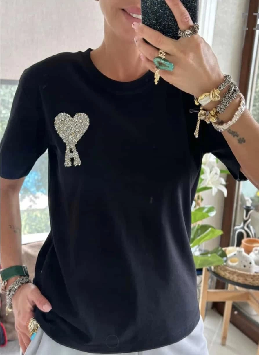 Ami Taşlı Siyah Tshirt