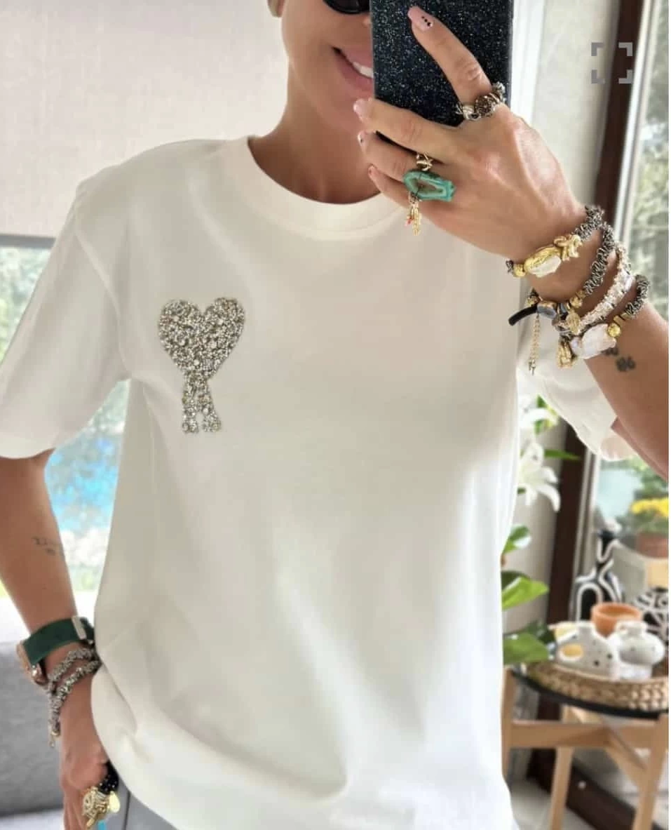 Ami Taşlı Beyaz Tshirt
