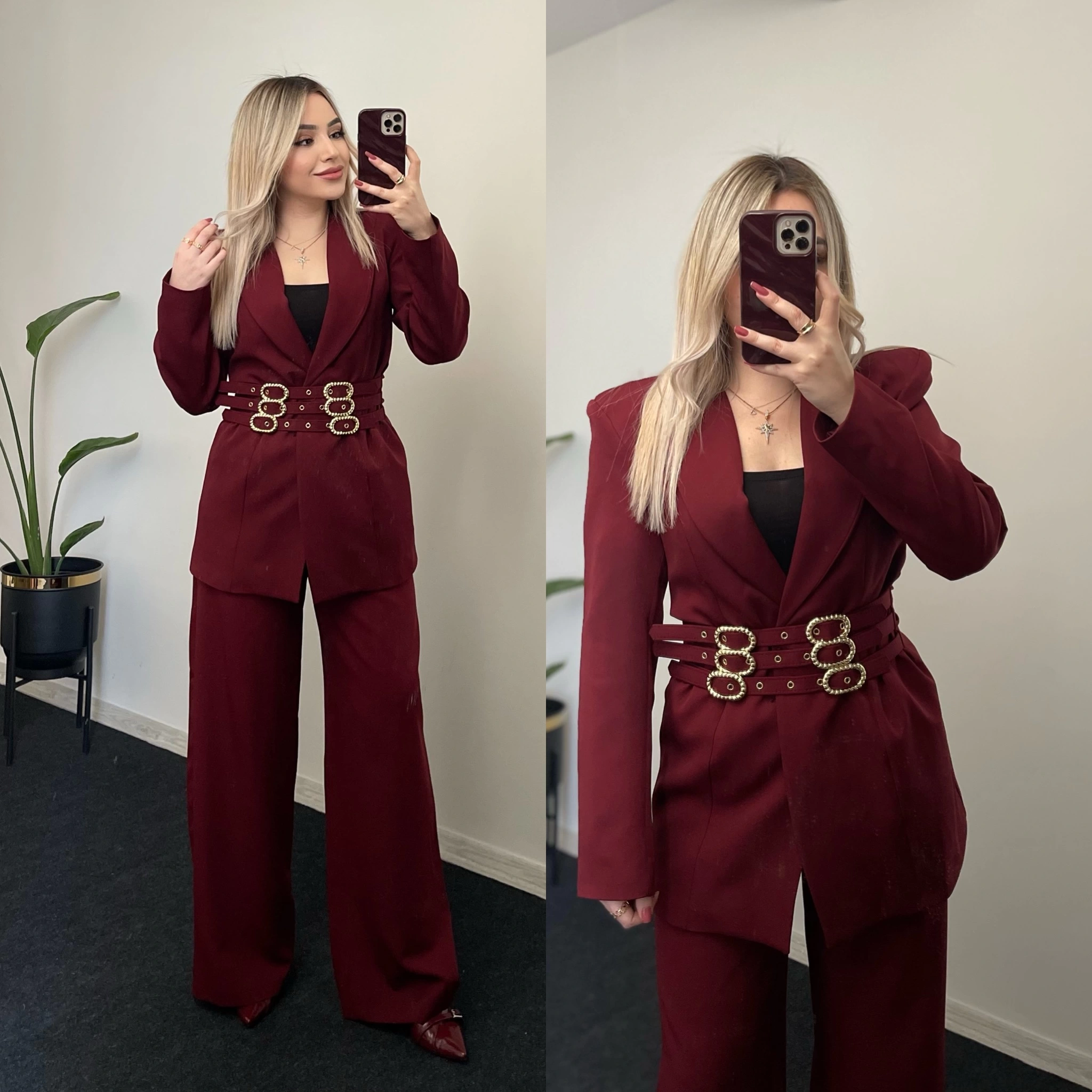 Tasarım Tokalı Blazer Takım Bordo