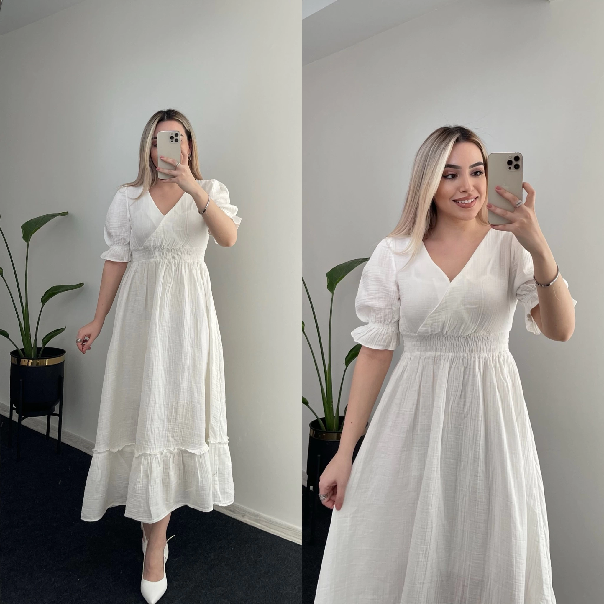 Beli Lastikli Müslin Elbise Beyaz 3018