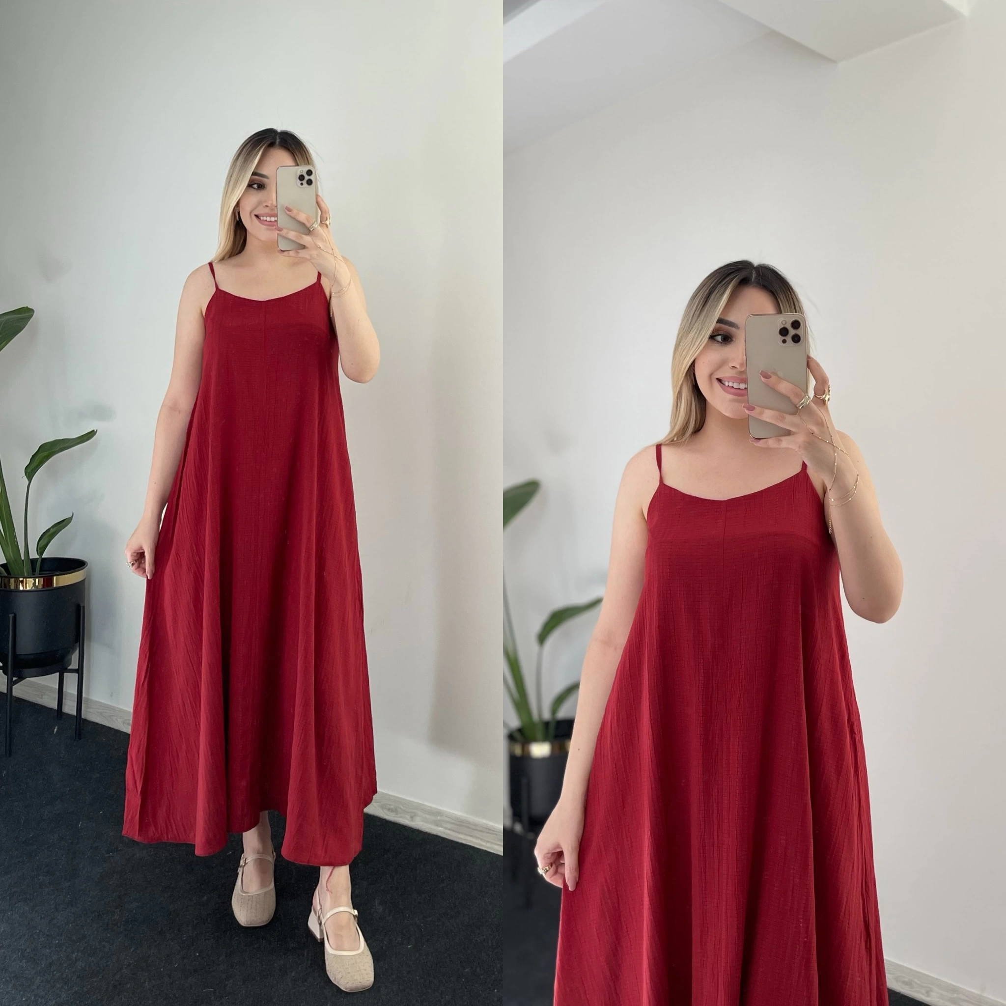 Bordo İçi Astarlı Müslin Elbise