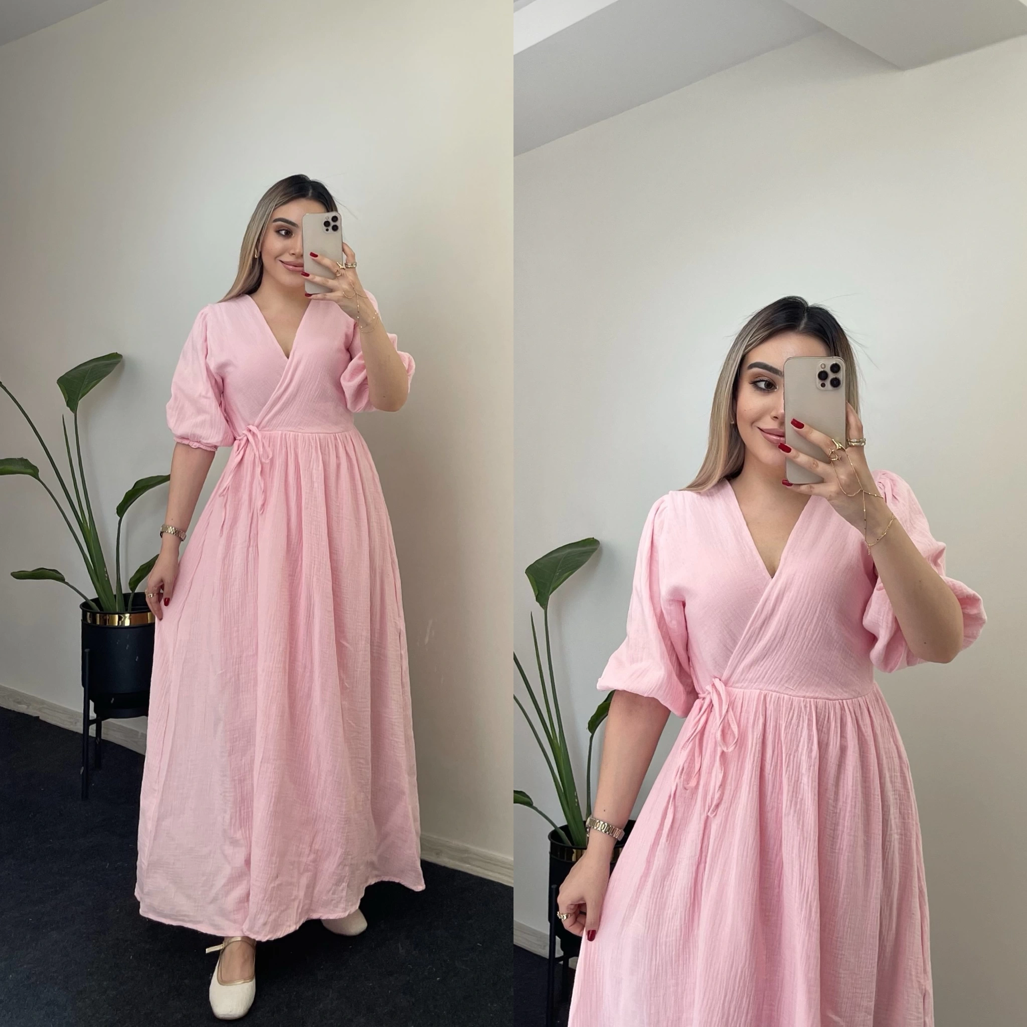 Belden Bağlamalı Pembe Müslin Elbise