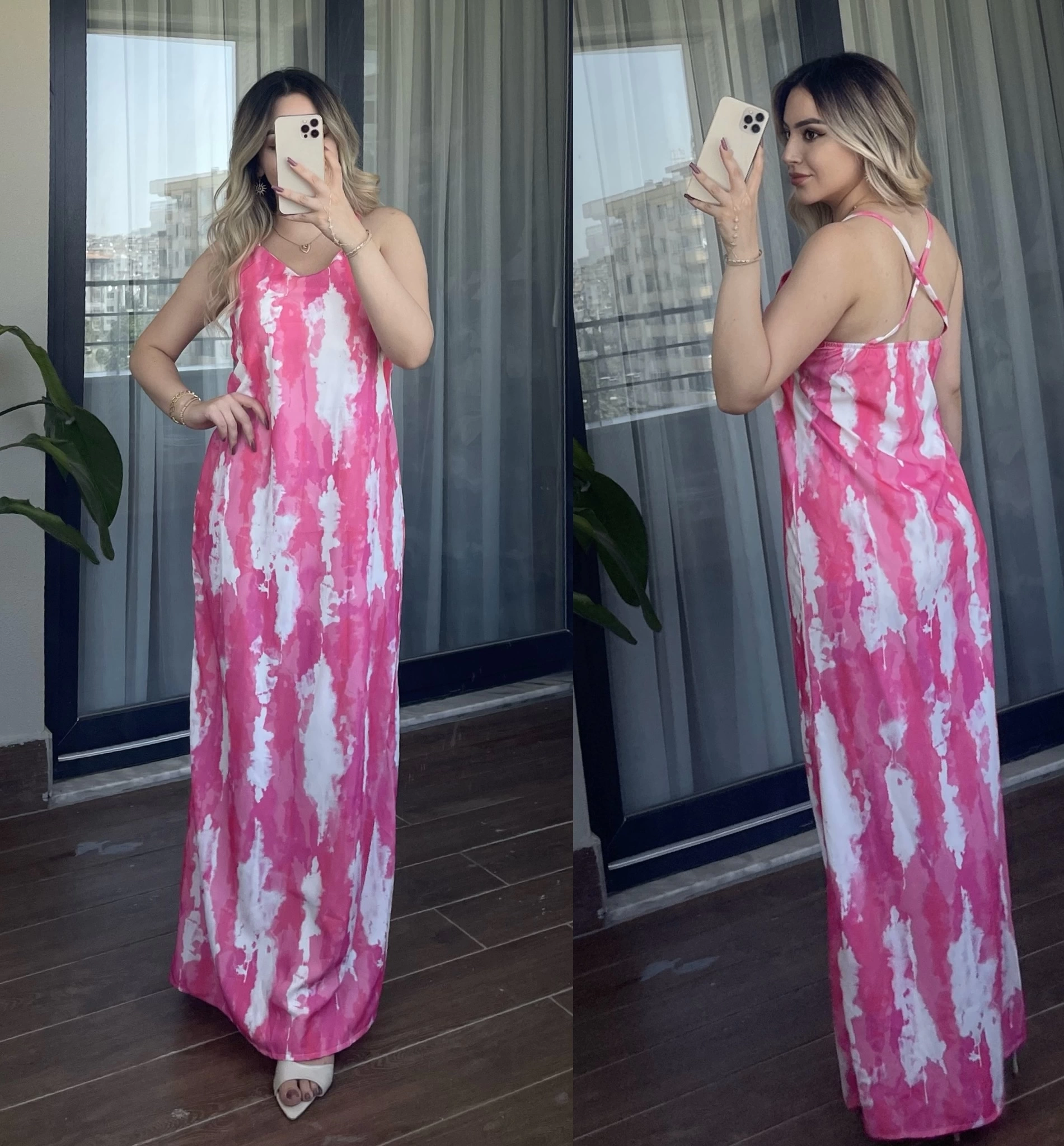 Sırt Dekolteli Batik Desenli Pembe Elbise