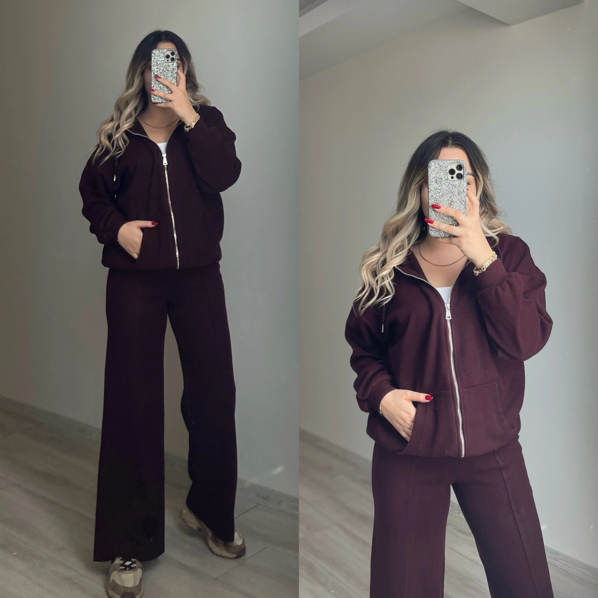 Bordo Kapuşonlu Triko Takım
