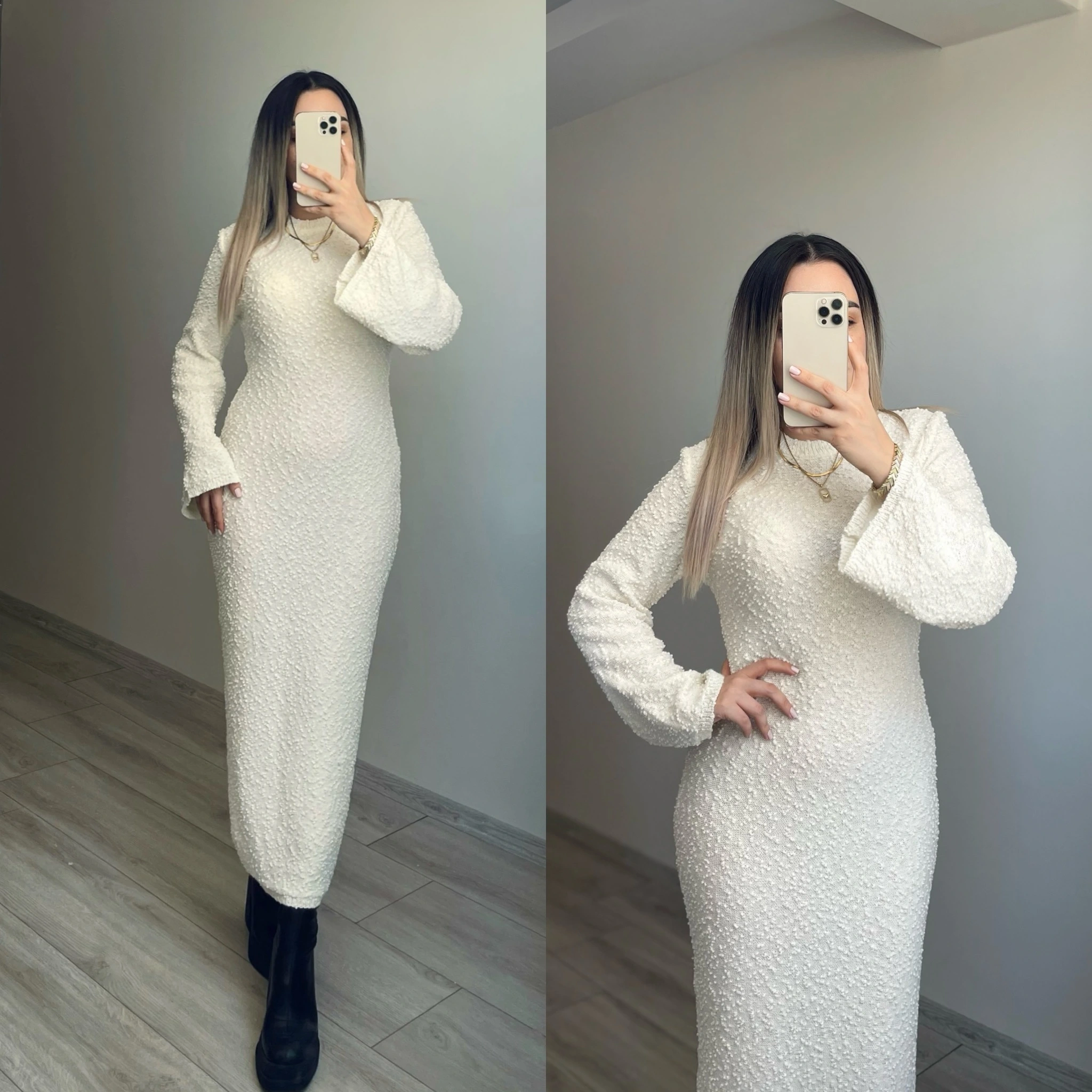 Dokulu Beyaz Triko Elbise