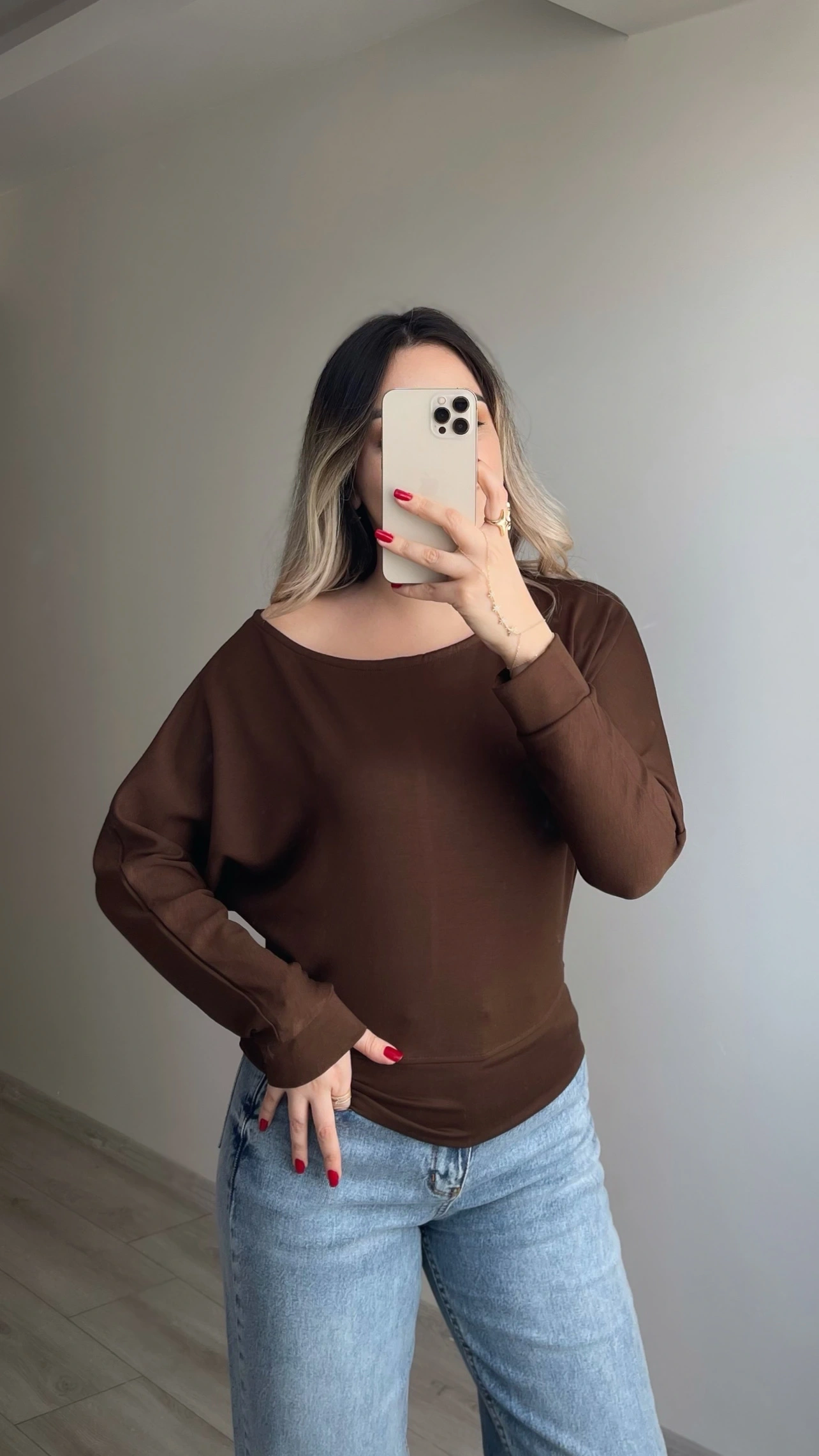 Oysh Yarasa Kol Bluz Kahverengi