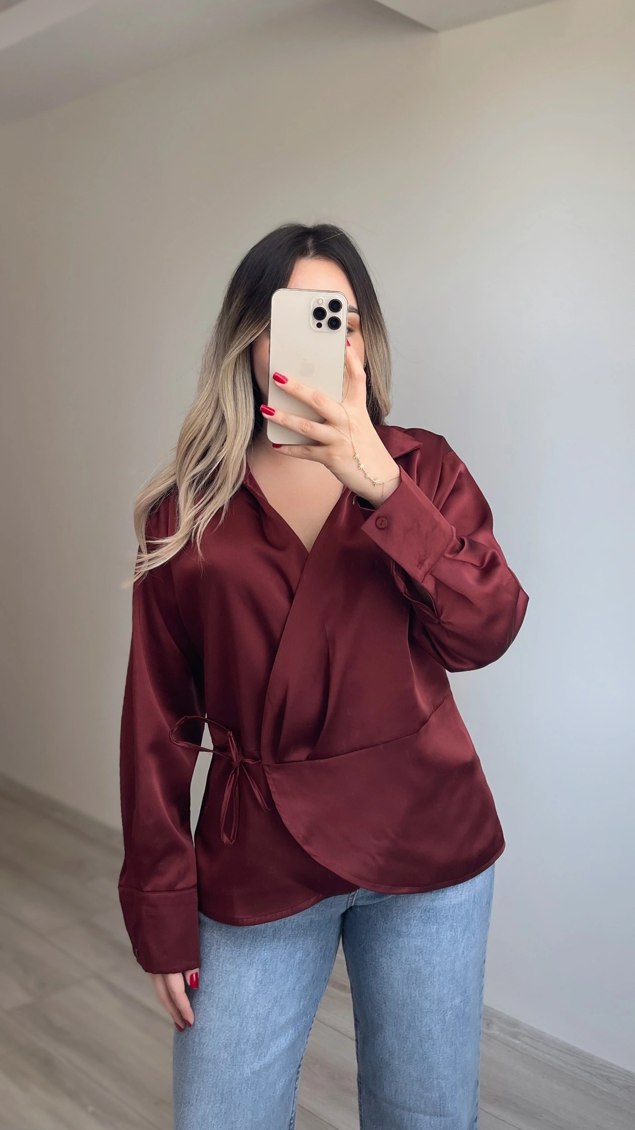 Saten Bordo Bluz
