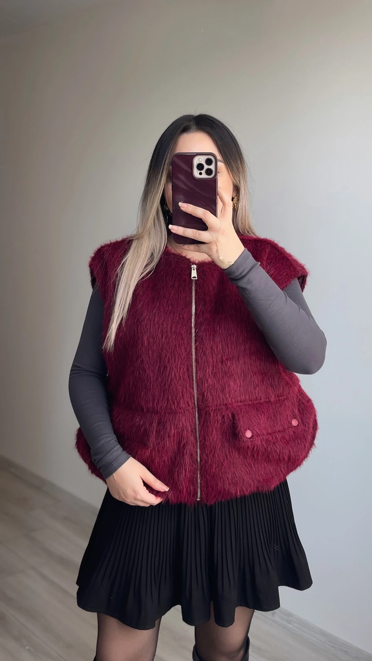 Bordo Tüylü Yelek