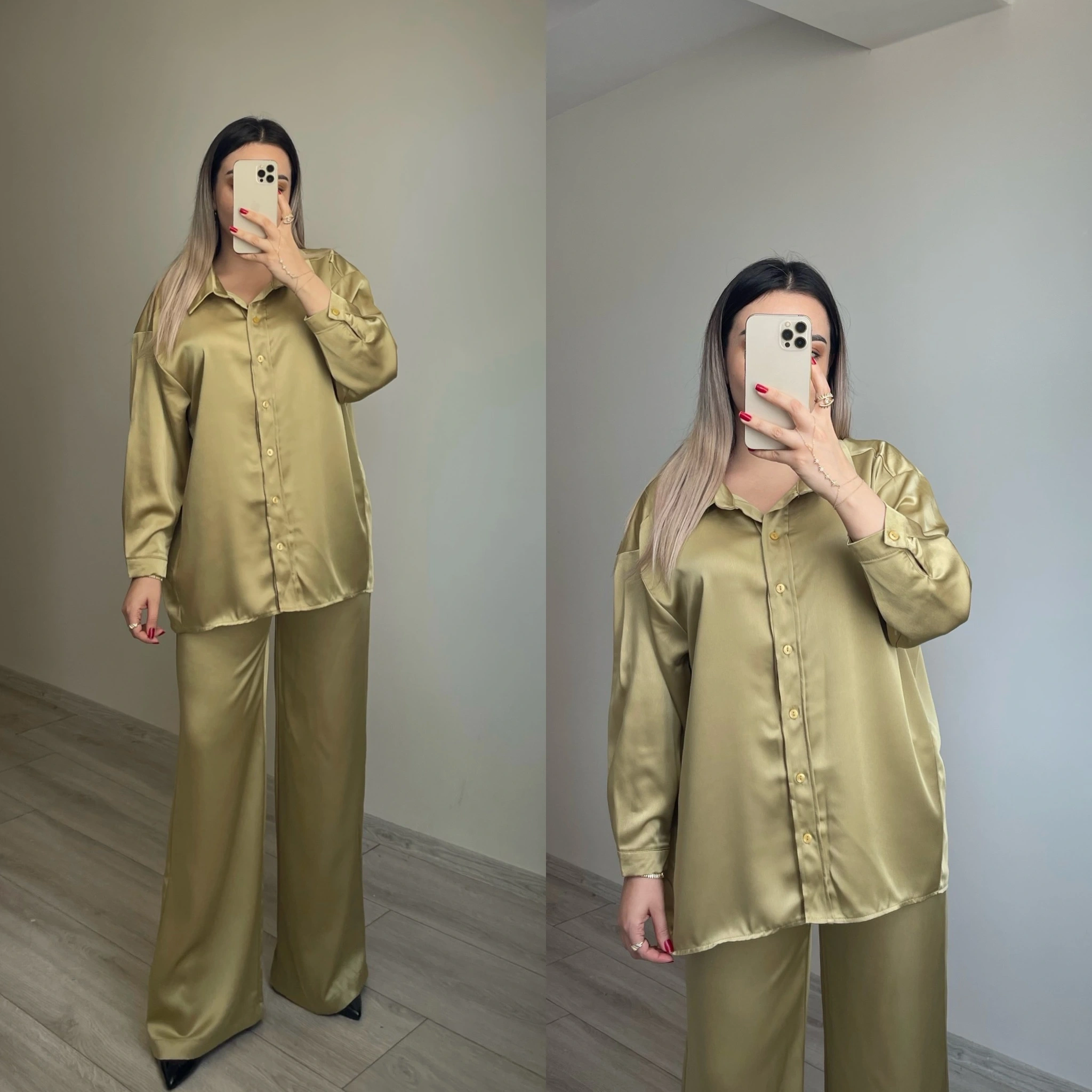 Yağ Yeşili Saten Takım