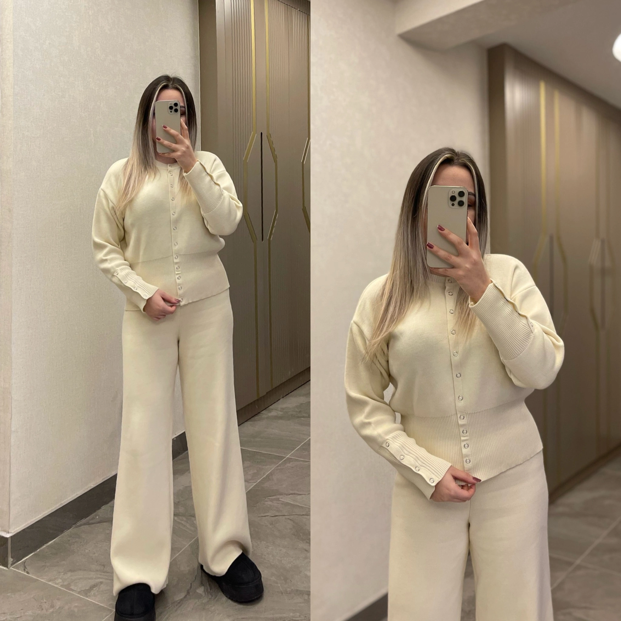 Ekru Çıtçıtlı Çelik Triko Takım