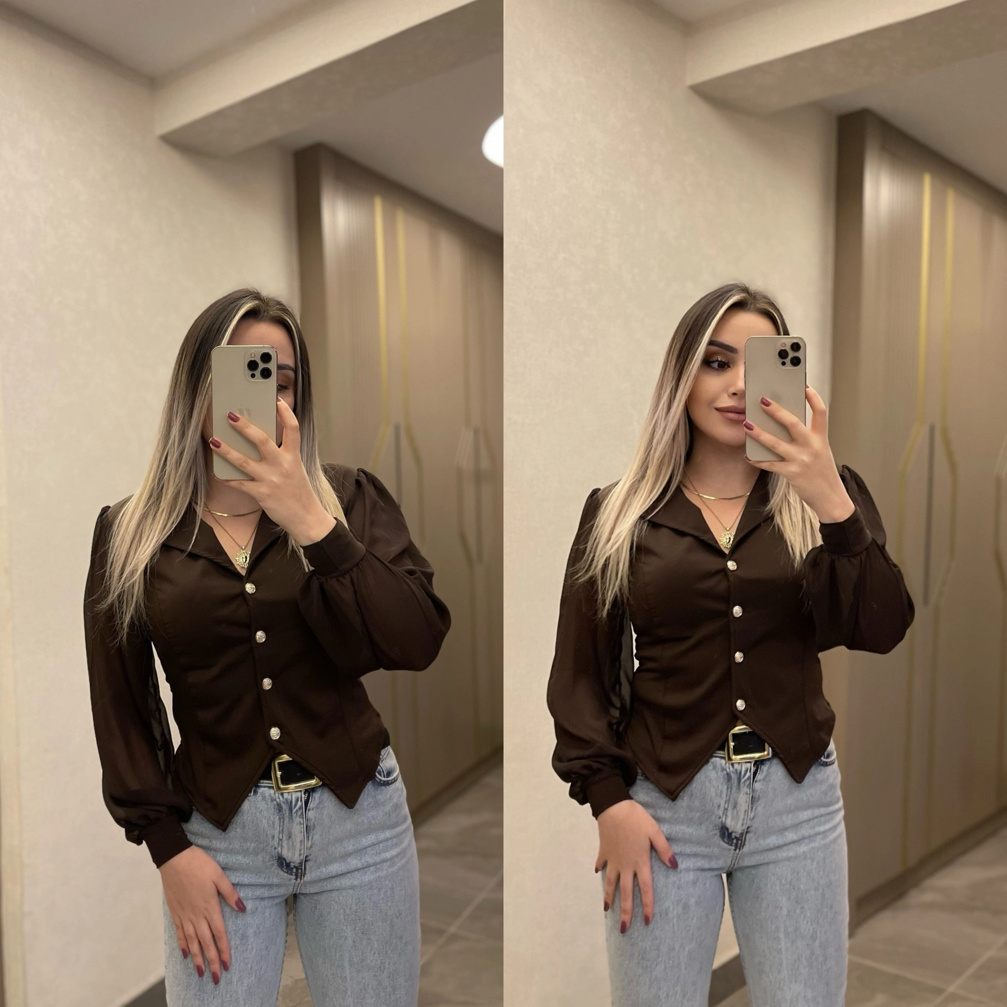 Acı Kahve Kolu Tül Bluz