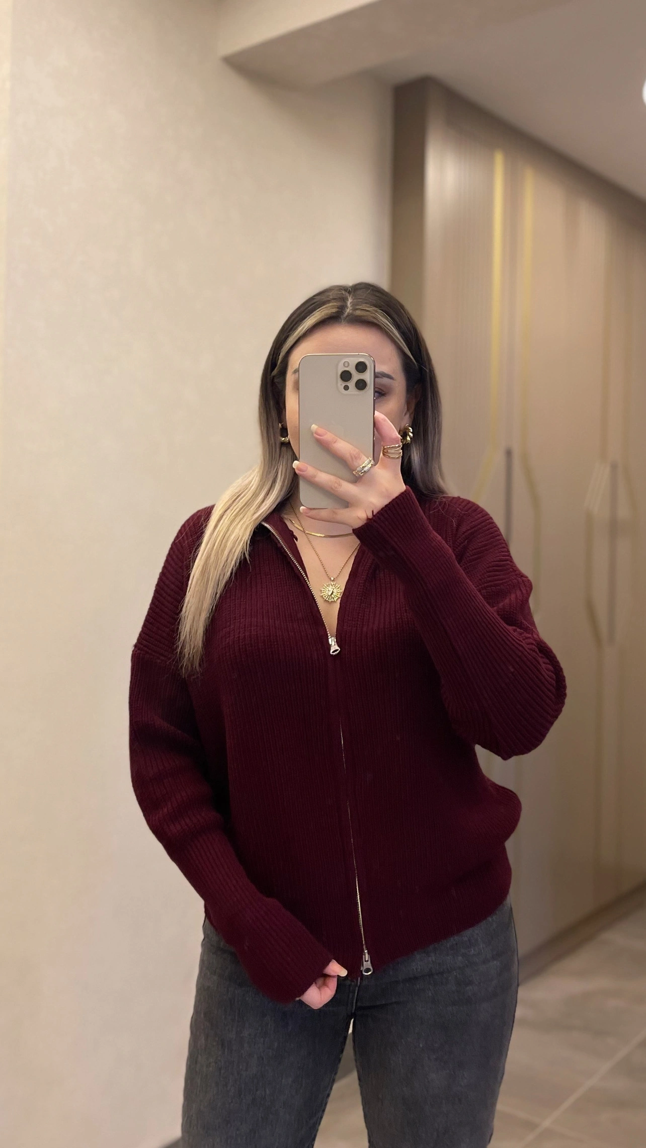 Bordo Çift Fermuarlı Hırka