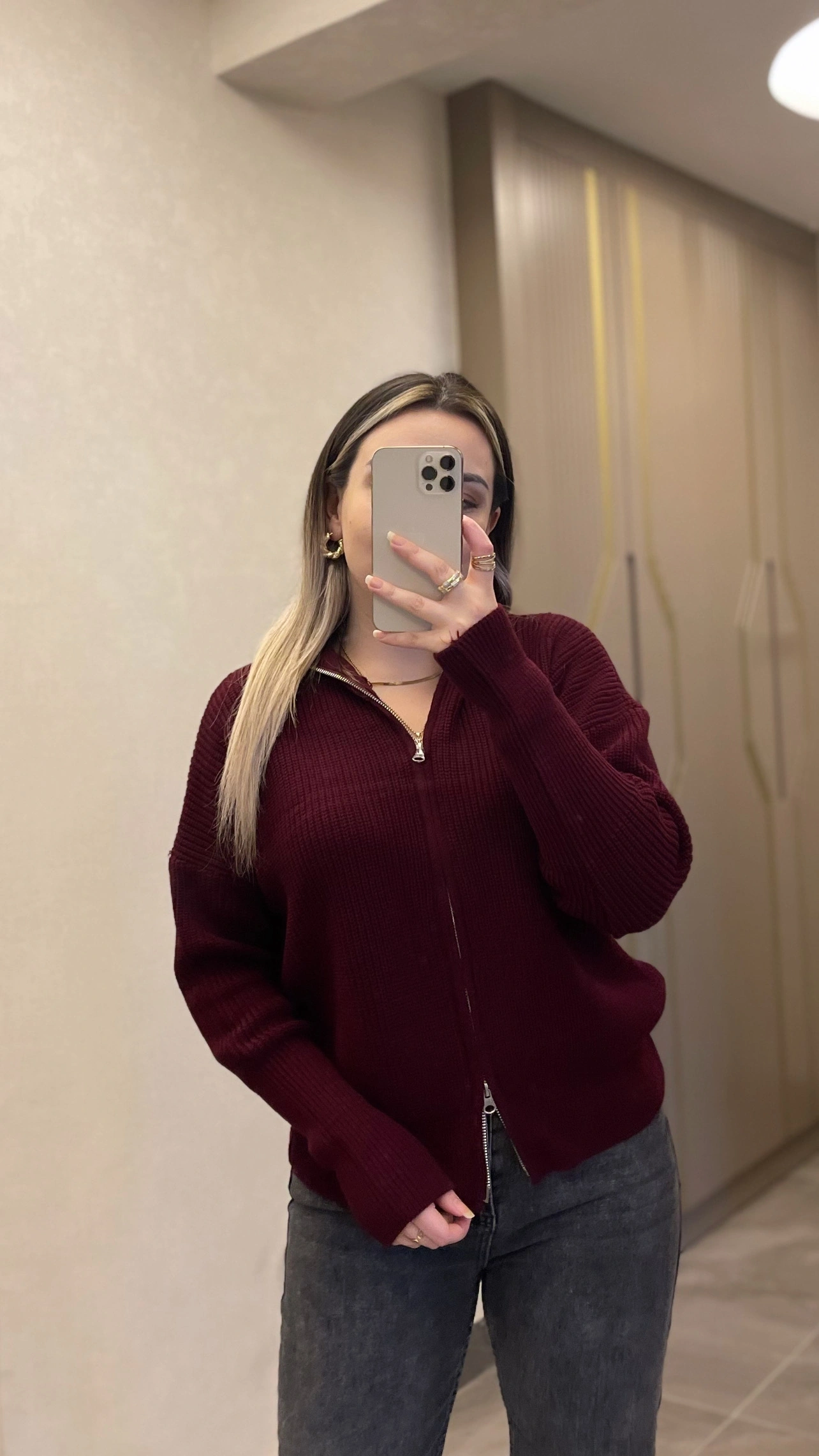 Bordo Çift Fermuarlı Hırka