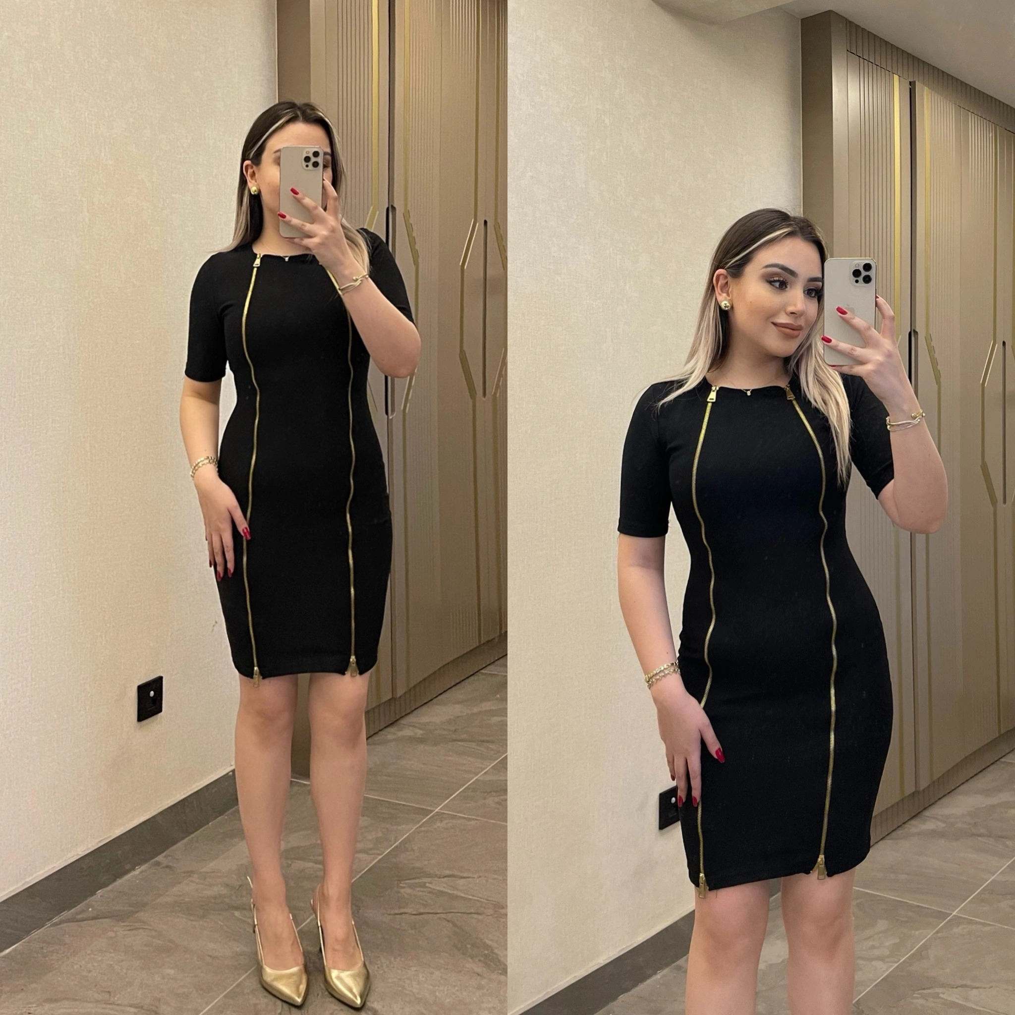 Gold Fermuar Detaylı Siyah Elbise