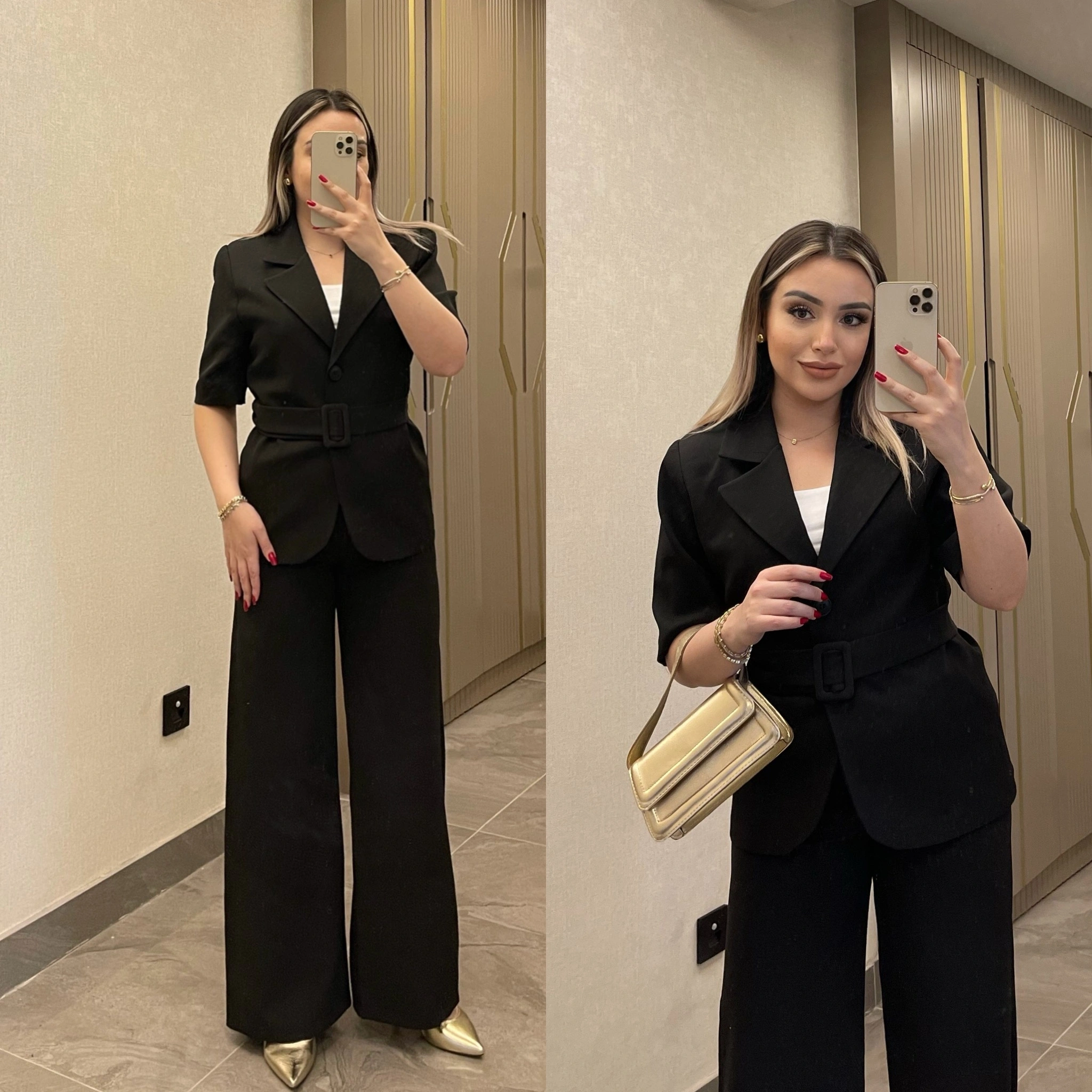 Kemerli Siyah Blazer Takım