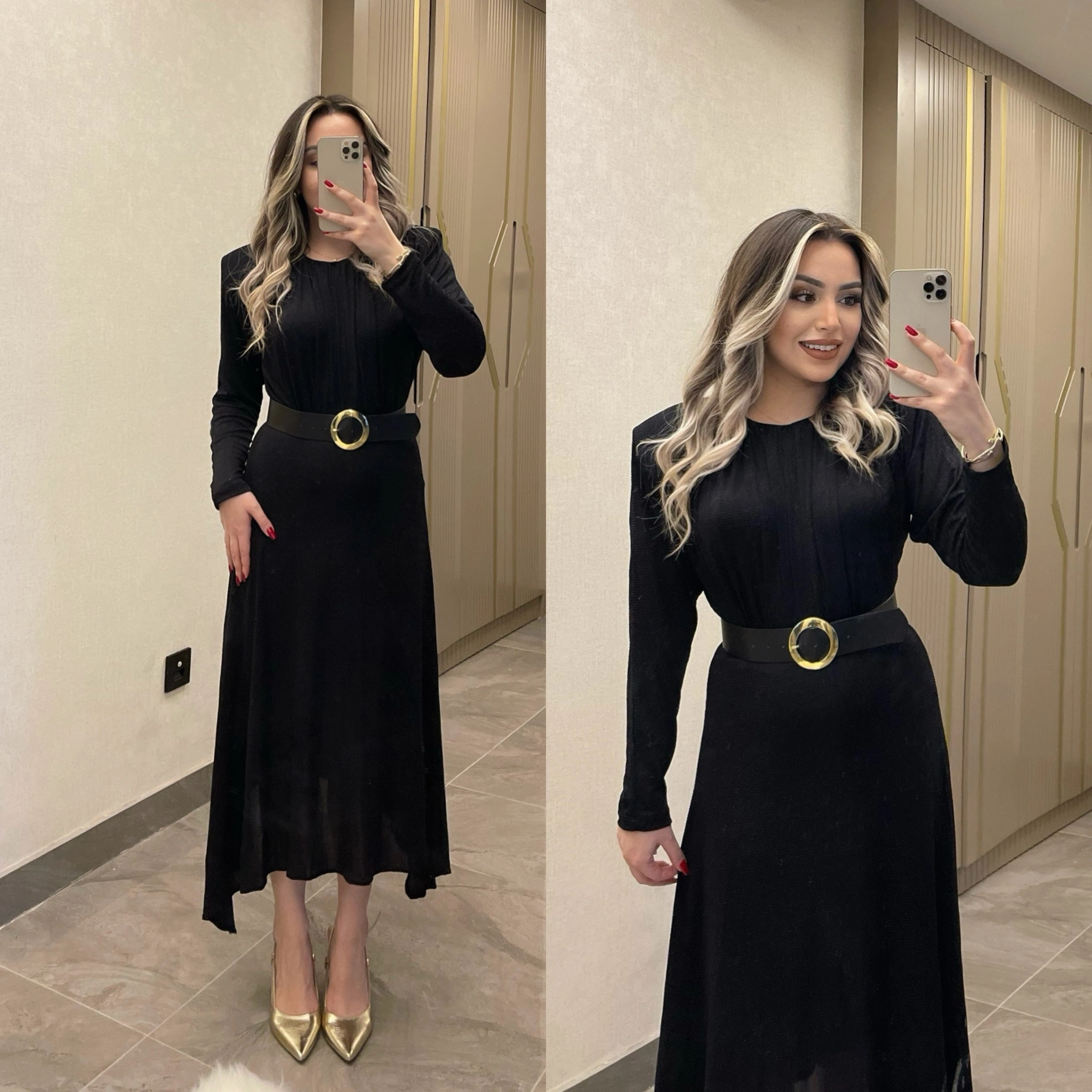 Kemerli Siyah Işıltılı Elbise