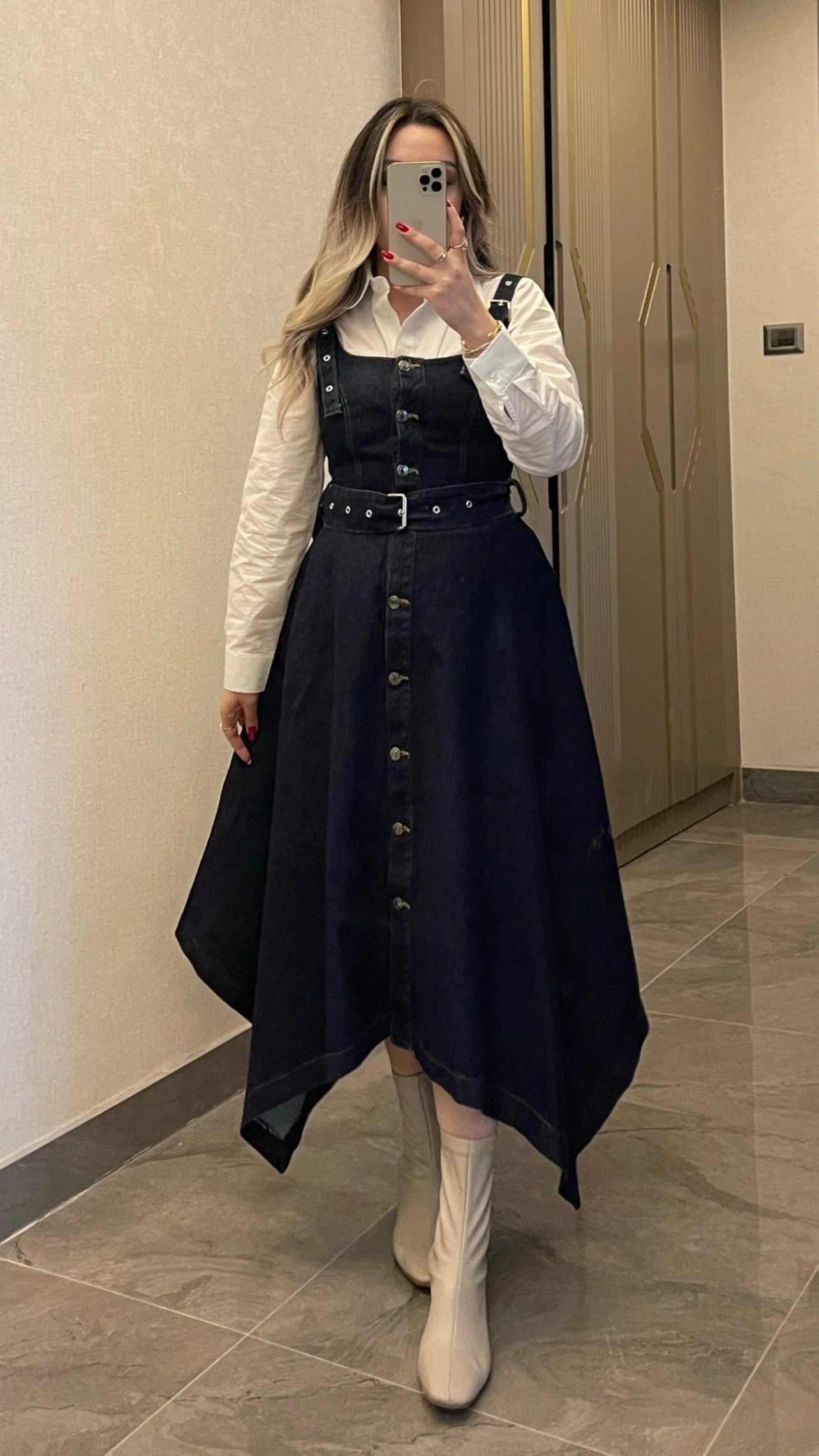 Etek Ucu Asimetrik Denim Elbise