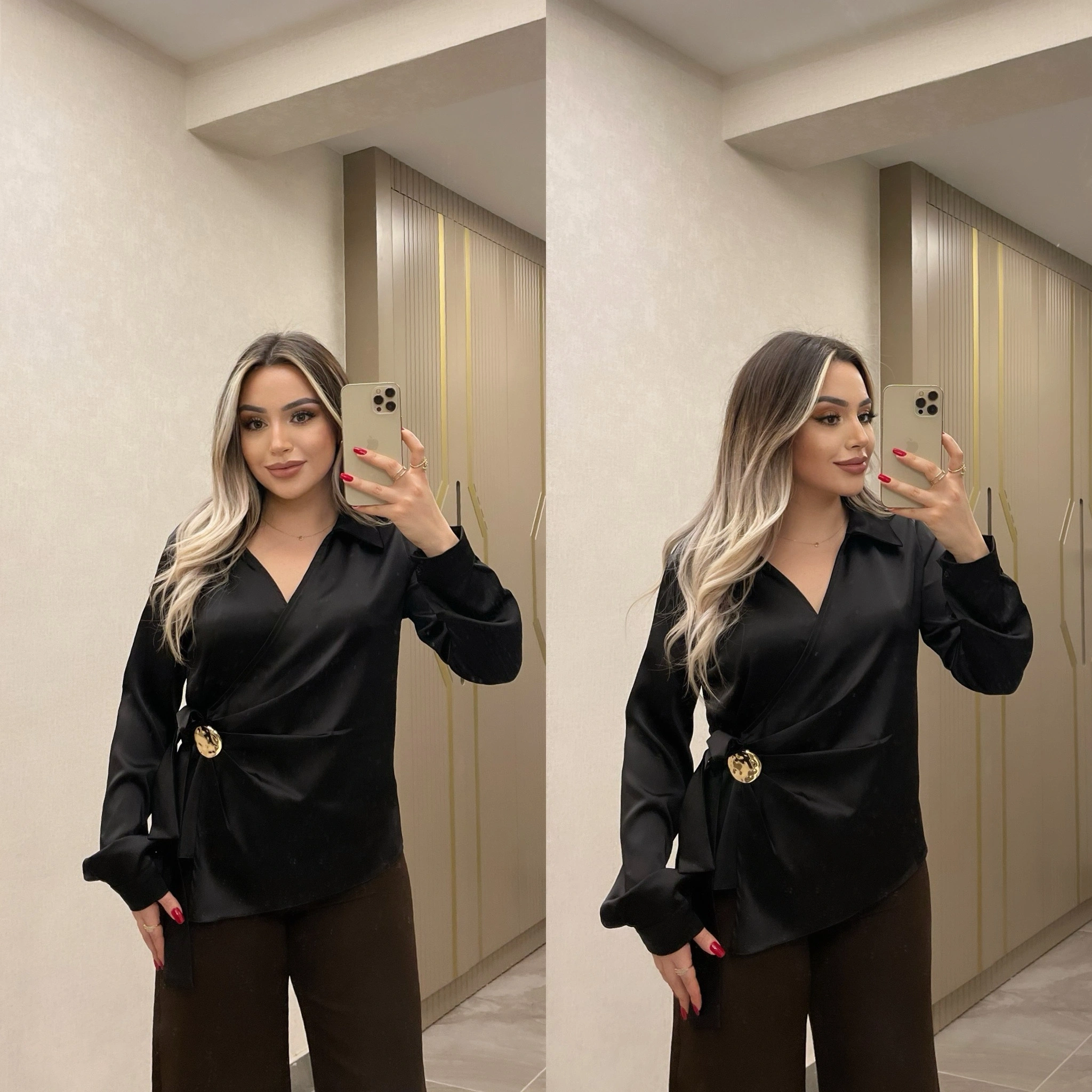Gold Toka Detaylı Siyah Saten Bluz