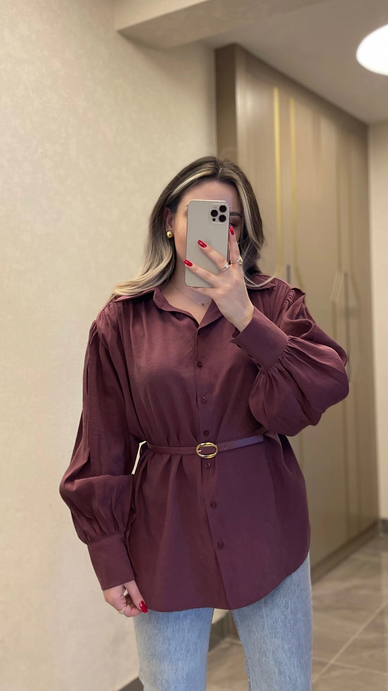 Bordo Kemerli Modal Gömlek