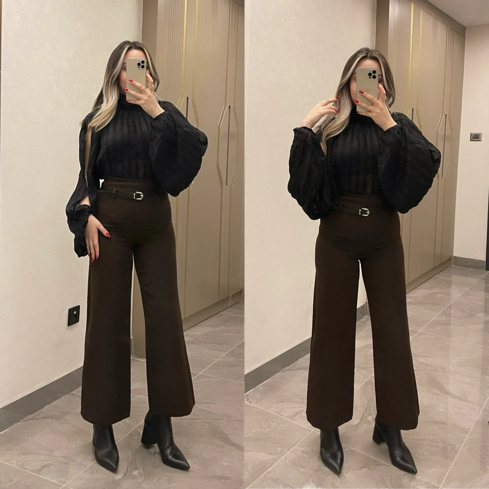 Kemerli Kumaş Pantolon Acı Kahve