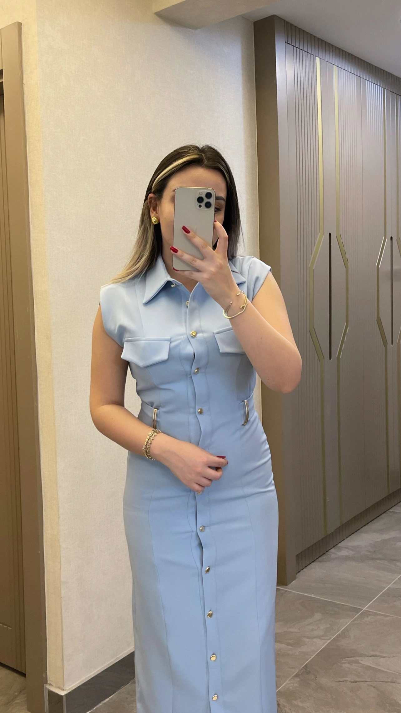Kemer Aksesuar Detaylı Bebe Mavisi Slim Elbise