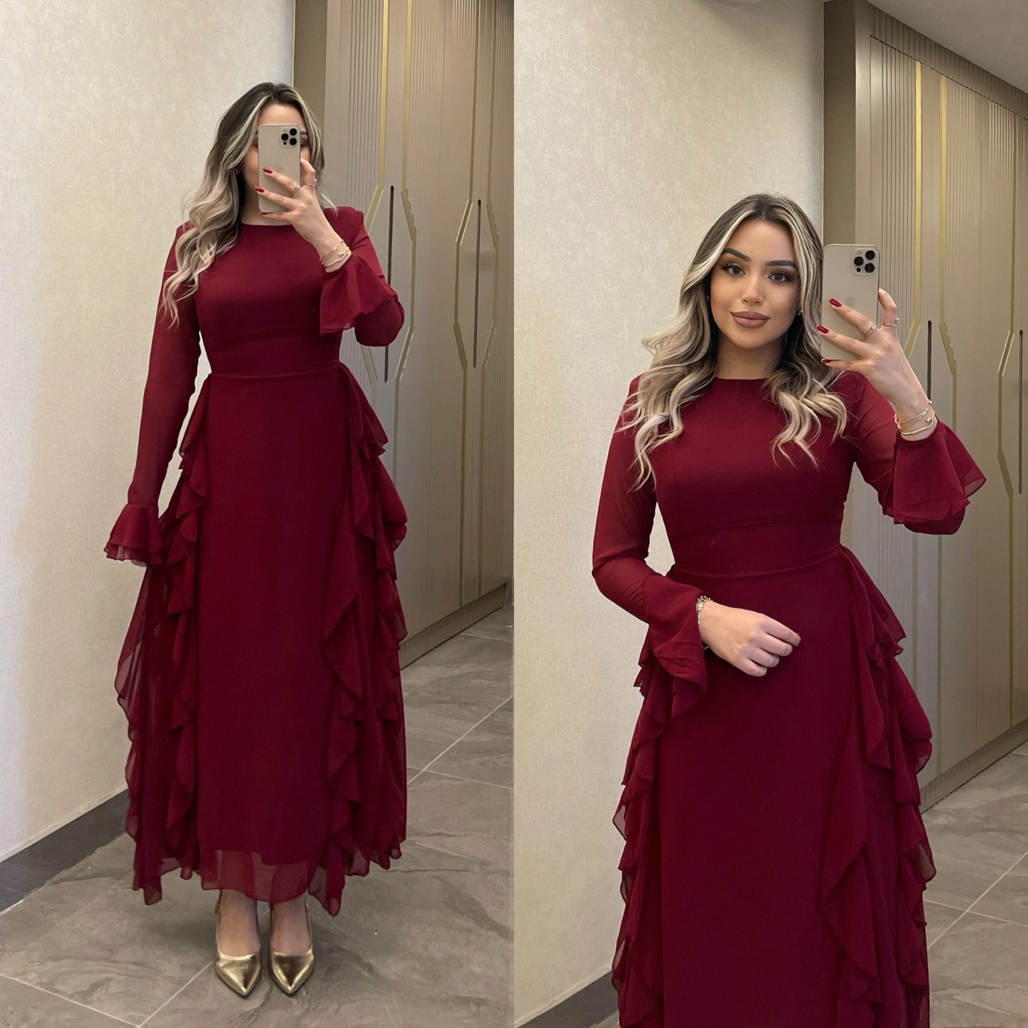 Bordo Volanlı Şifon Elbise