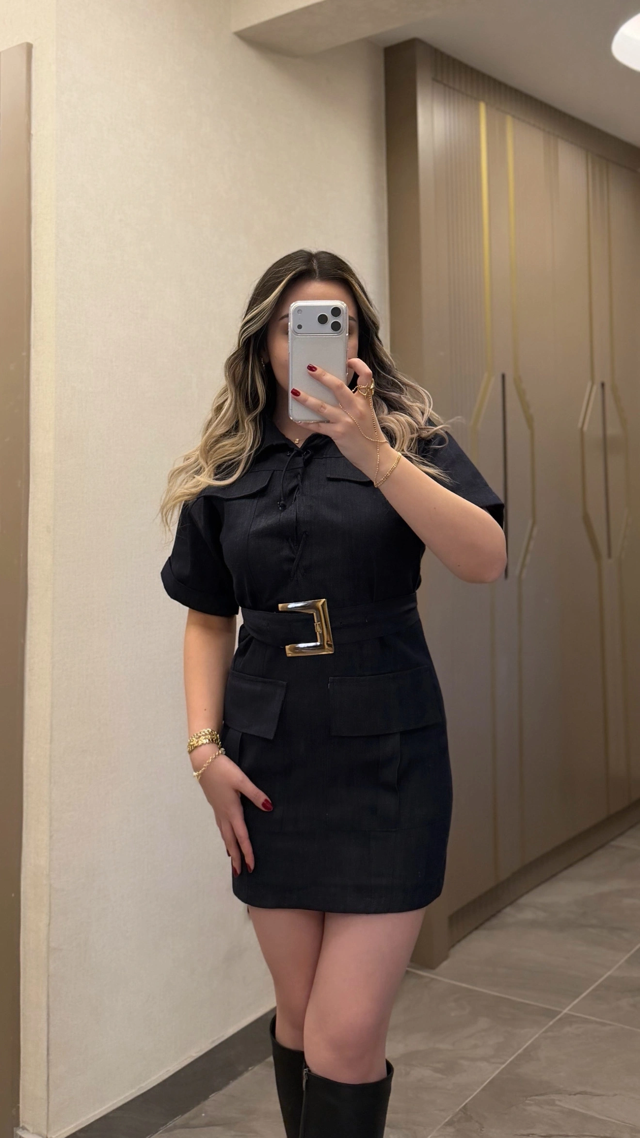 Lacivert Gold Kemer Detaylı Denim Elbise