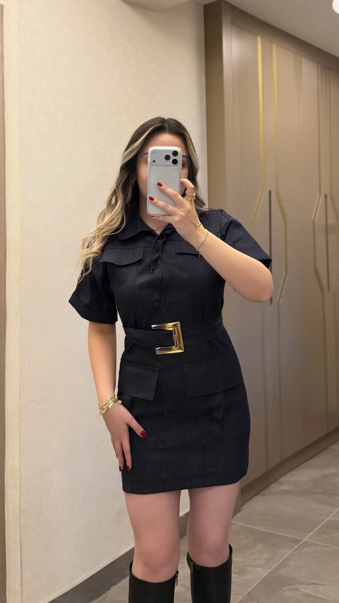 Lacivert Gold Kemer Detaylı Denim Elbise