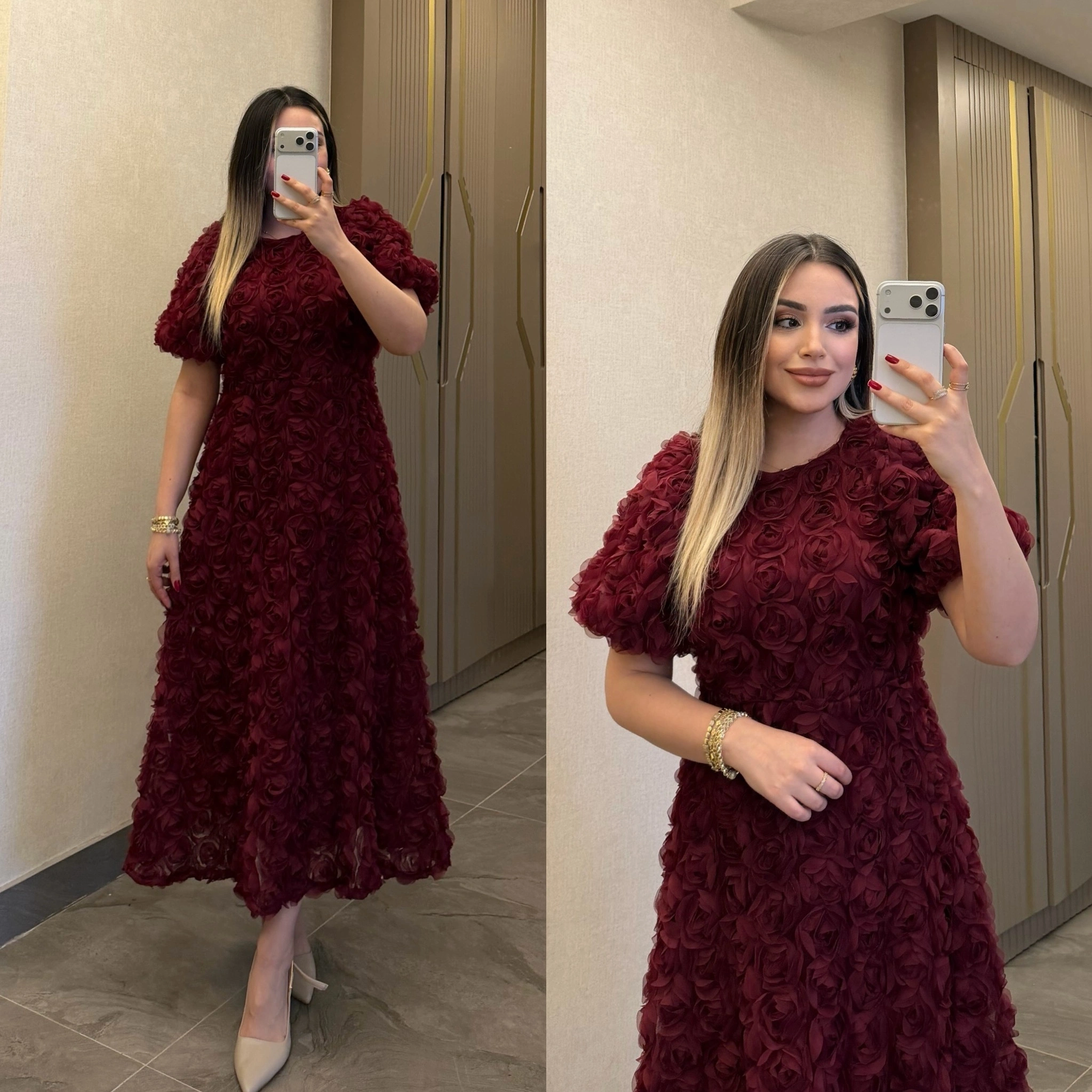 Bordo Güllü Elbise