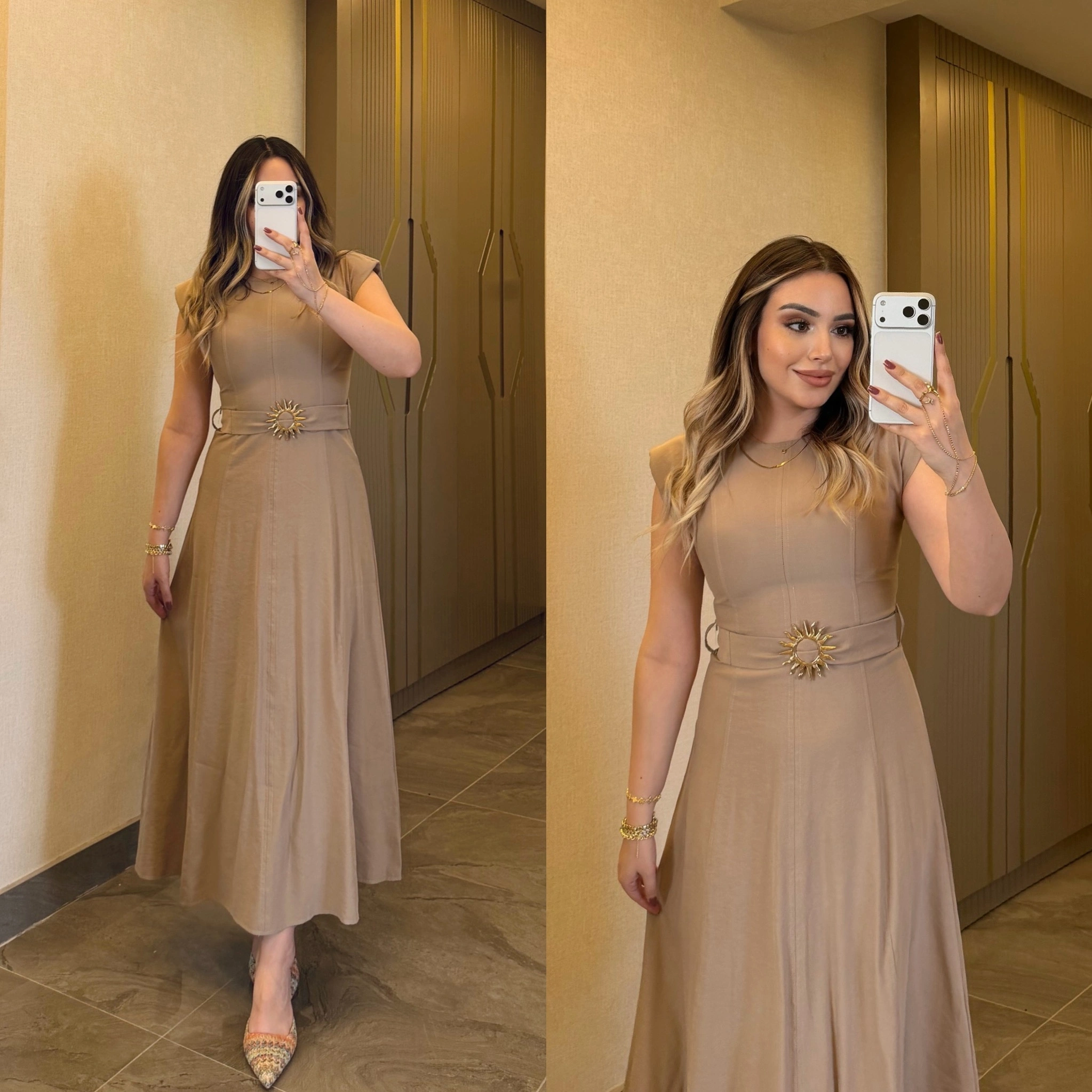 Bej Gold Kemerli Elbise