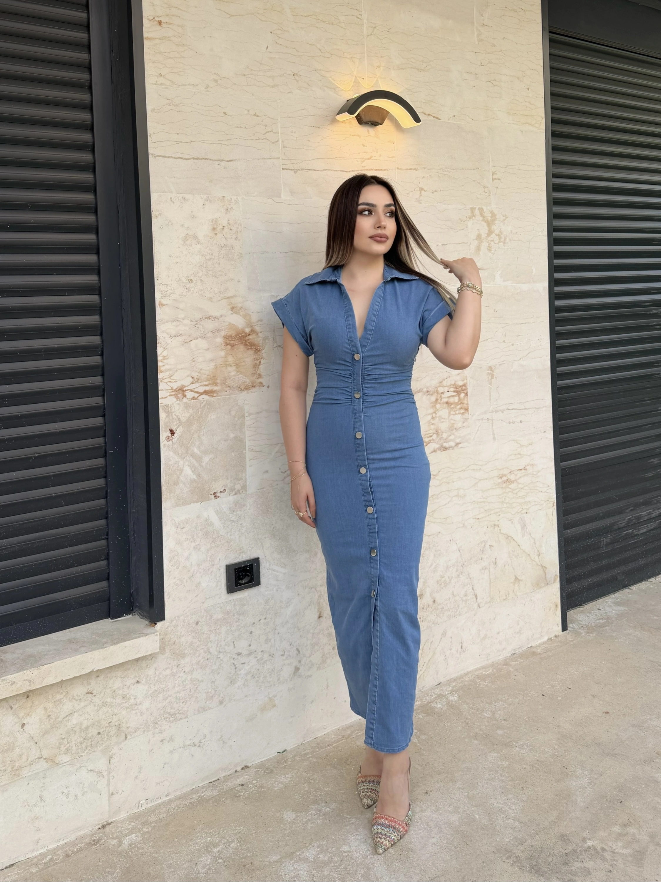 Buz Mavisi Denim Elbise