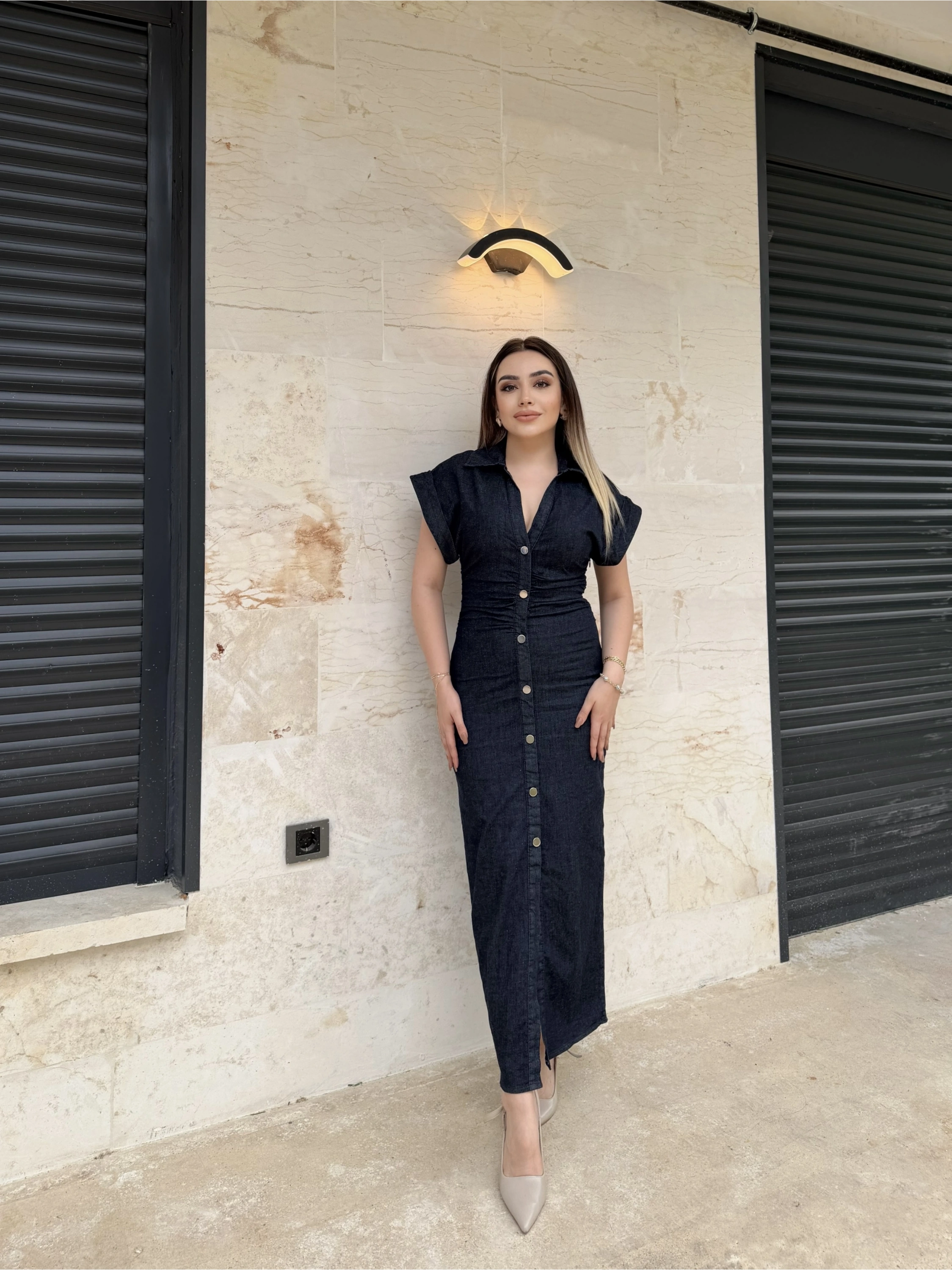 Koyu Mavi Denim Elbise