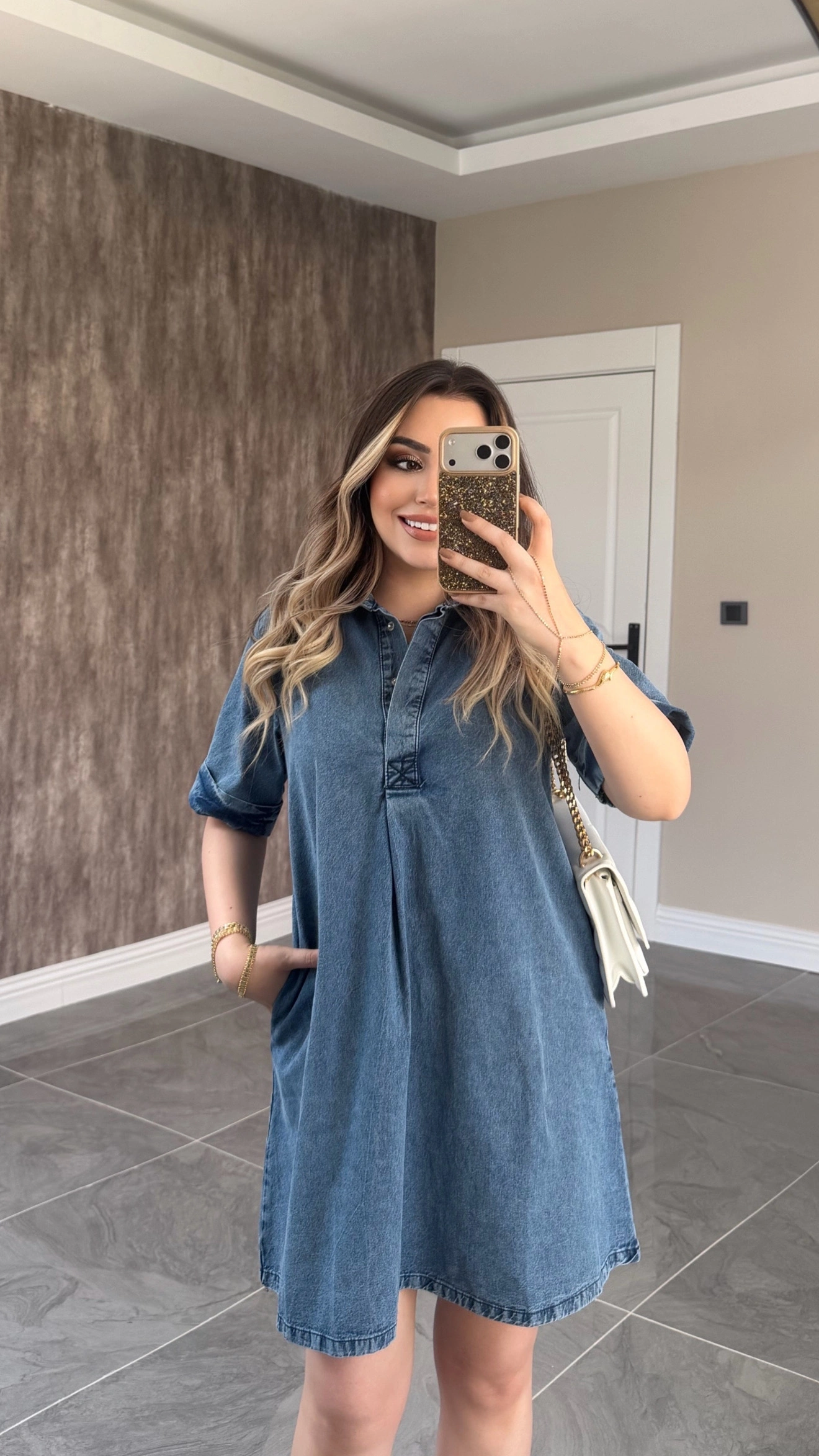 Yıkamalı Mavi Denim Elbise