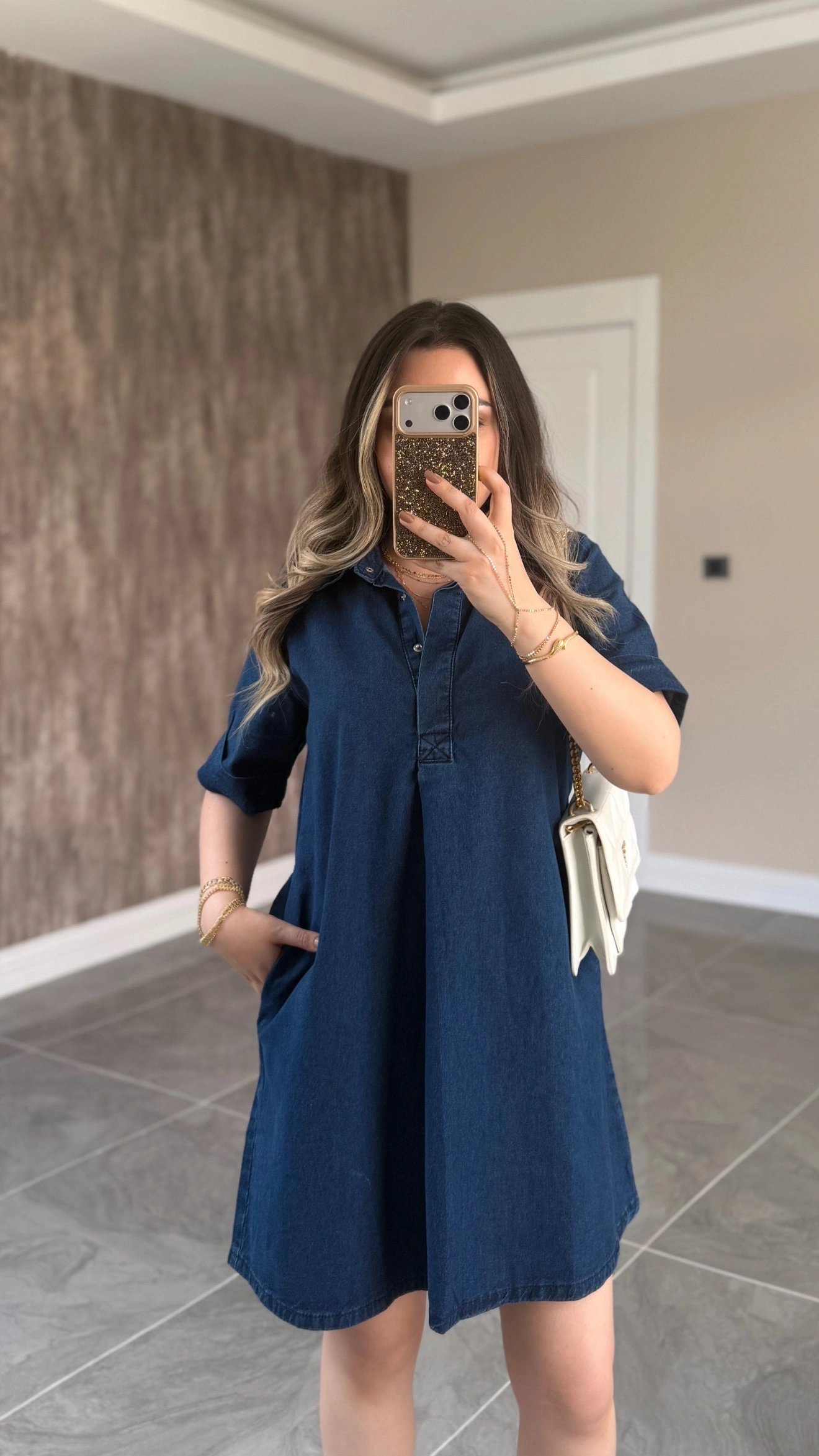 Koyu Mavi Denim Elbise